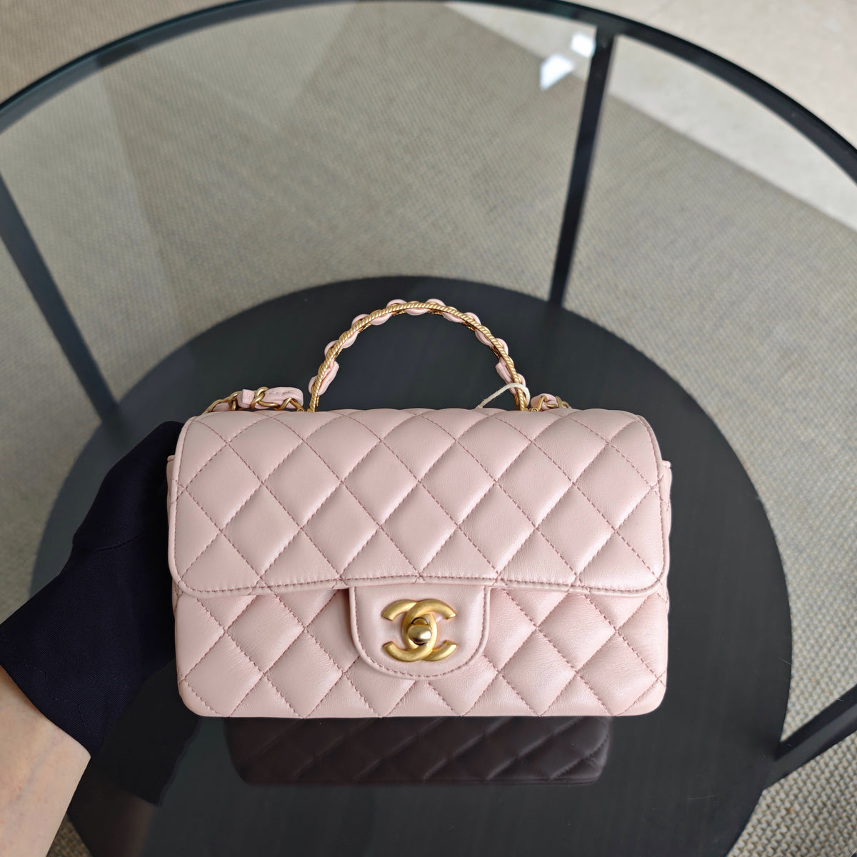 Chanel Classic Flap Mini Top Handle -Quilted Lambskin Gold Hardware Microchip