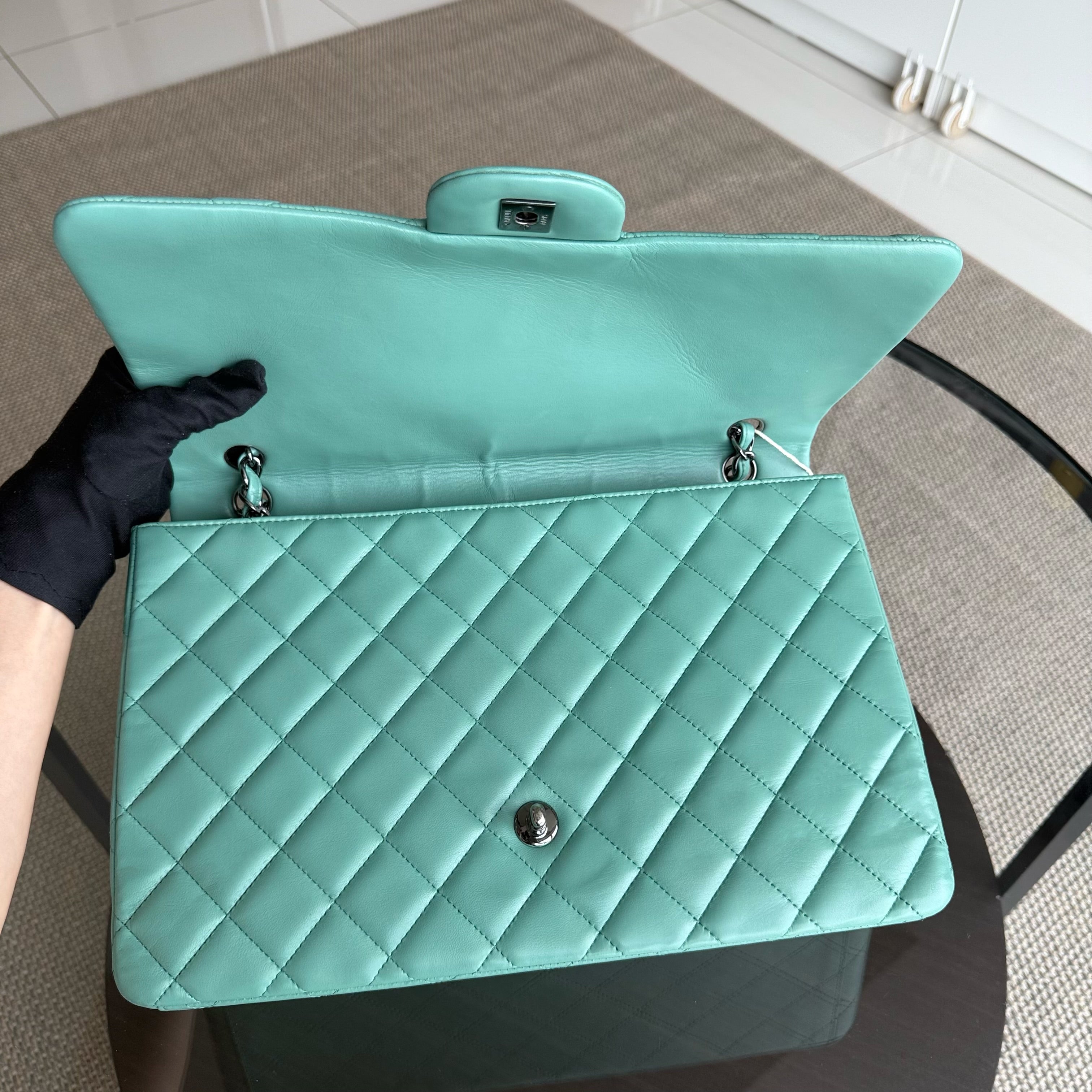 Chanel Classic Flap Maxi - 33CM Quilted Single Flap Lambskin Tiffiny Blue Silver Hardware Series 13