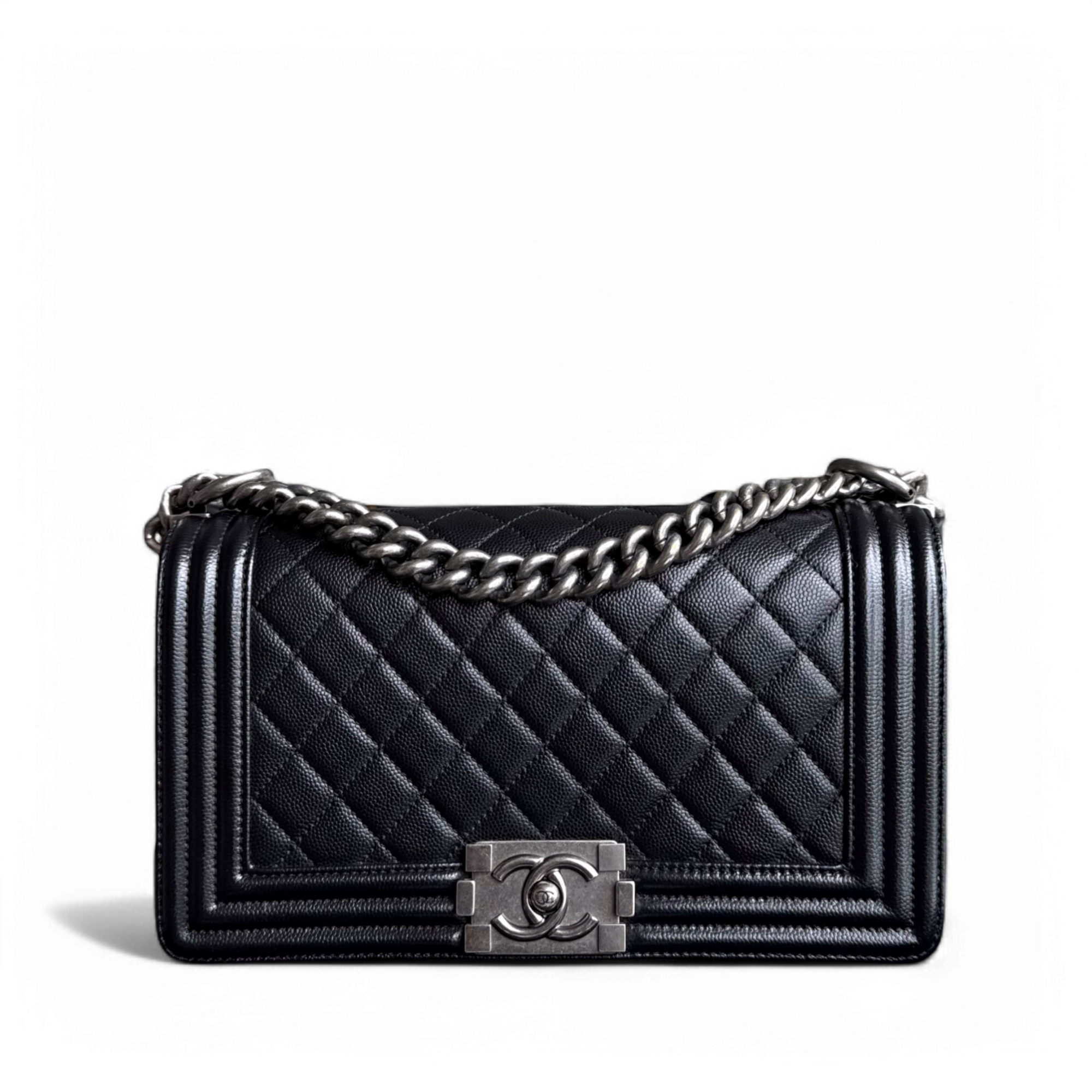 Chanel Boy Medium - Caviar 25CM Quilted Black Ruthenium Silver Hardware Series 25