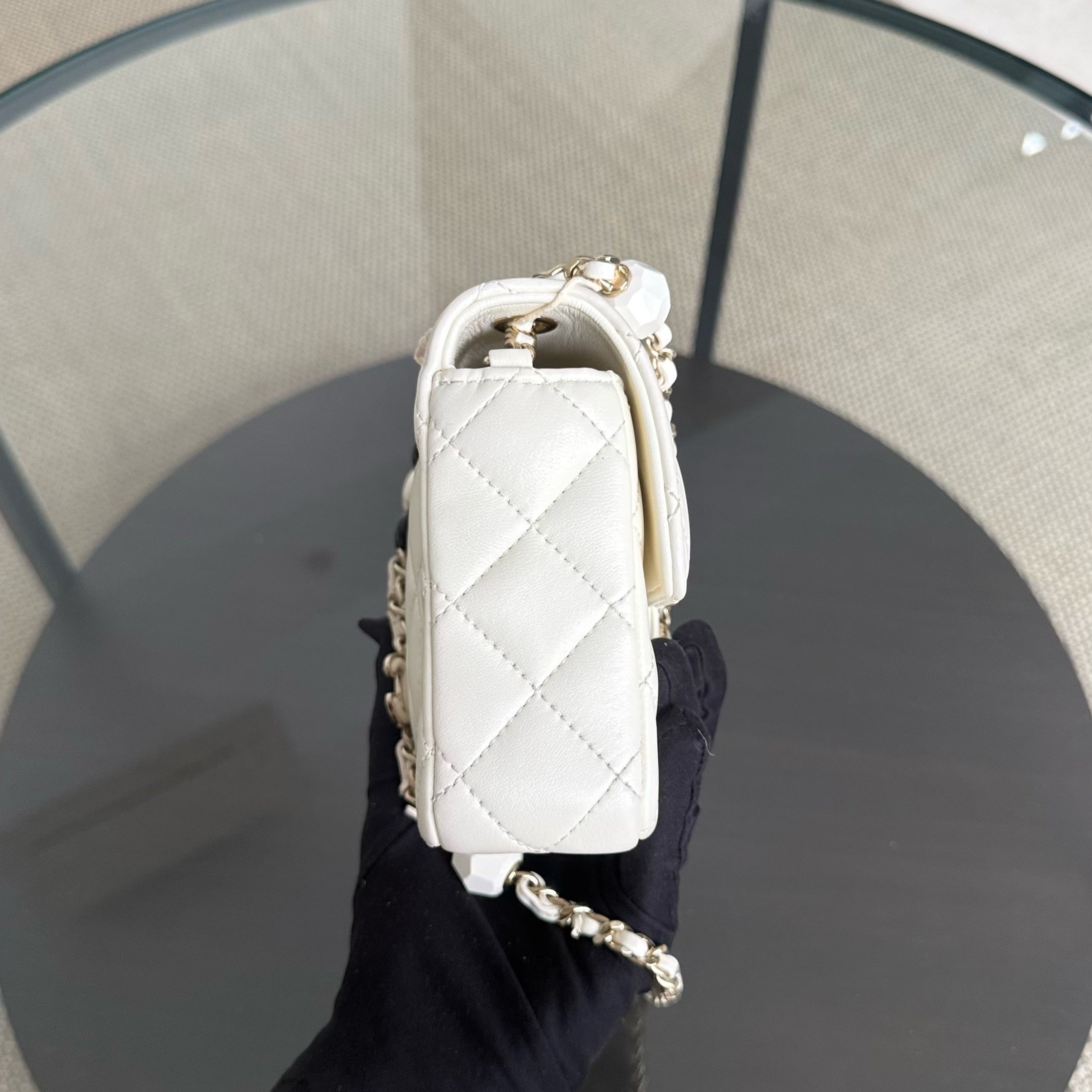 Chanel Classic Flap Mini Square - Lambskin Quilted White Gold Hardware Microchip