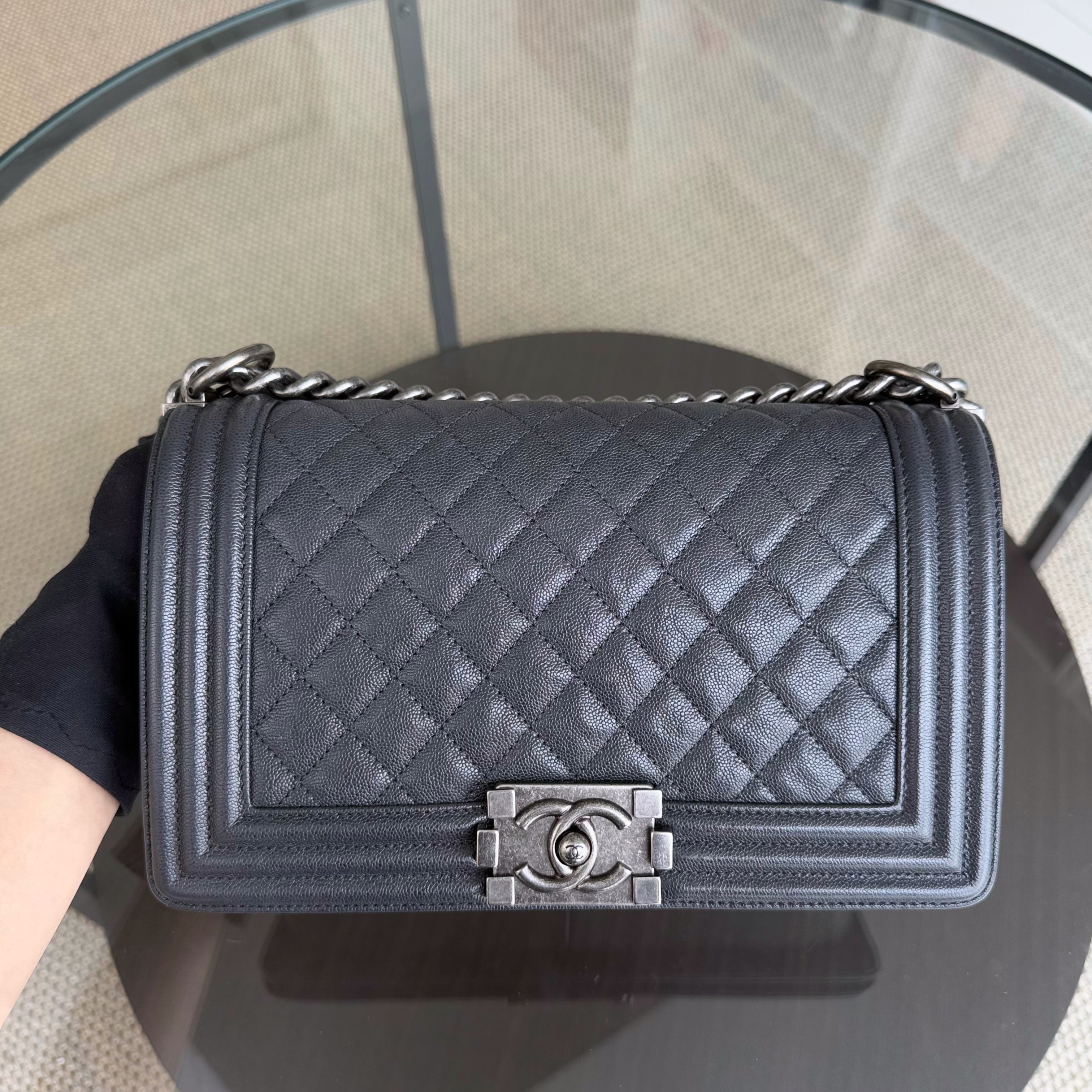 Chanel Boy Medium - Caviar 25CM Quilted Iridescent Grey Gray Ruthenium Silver Hardware Series 26