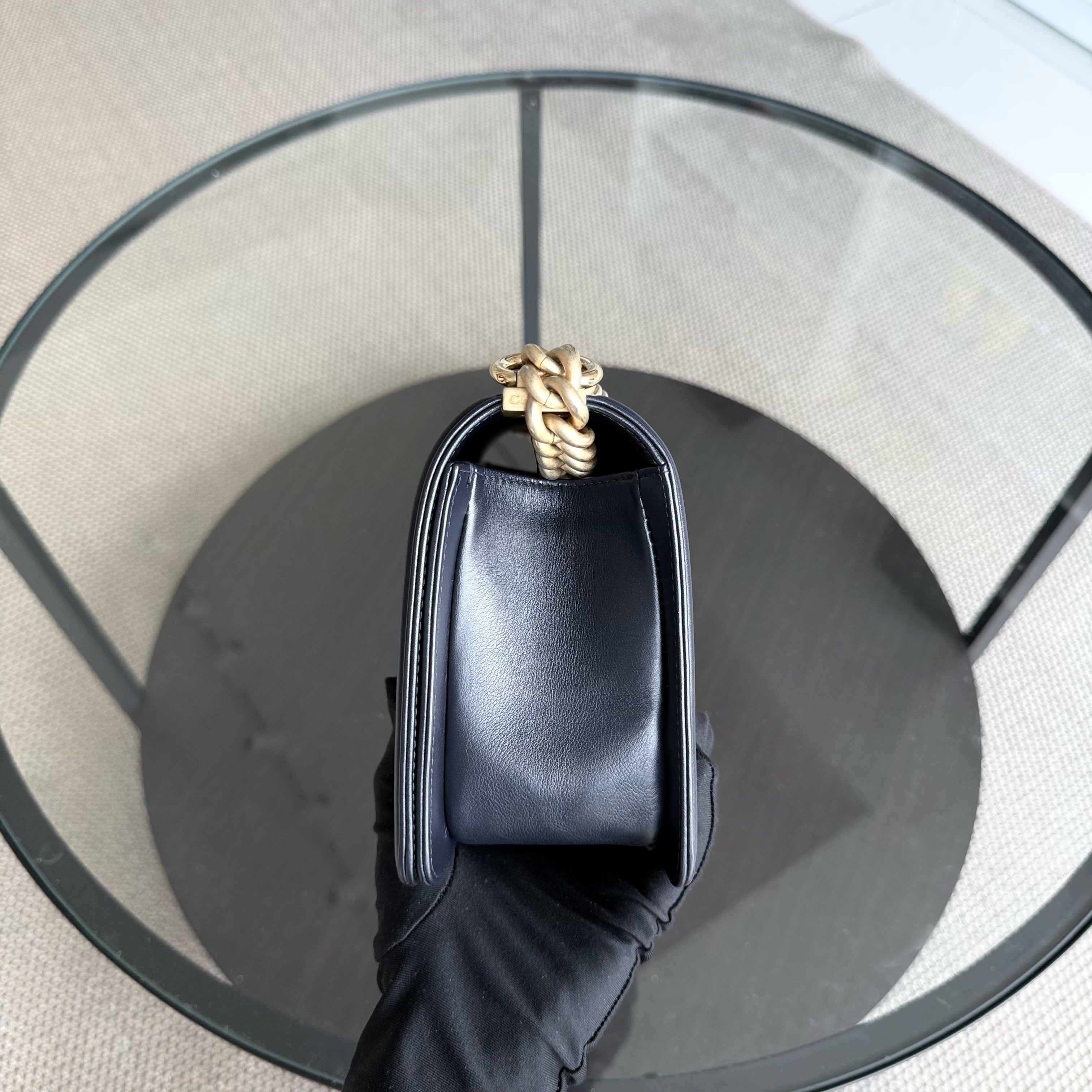 Chanel Boy Medium - Calfskin 25CM Quilted Dark Blue Gold Hardware Series 26