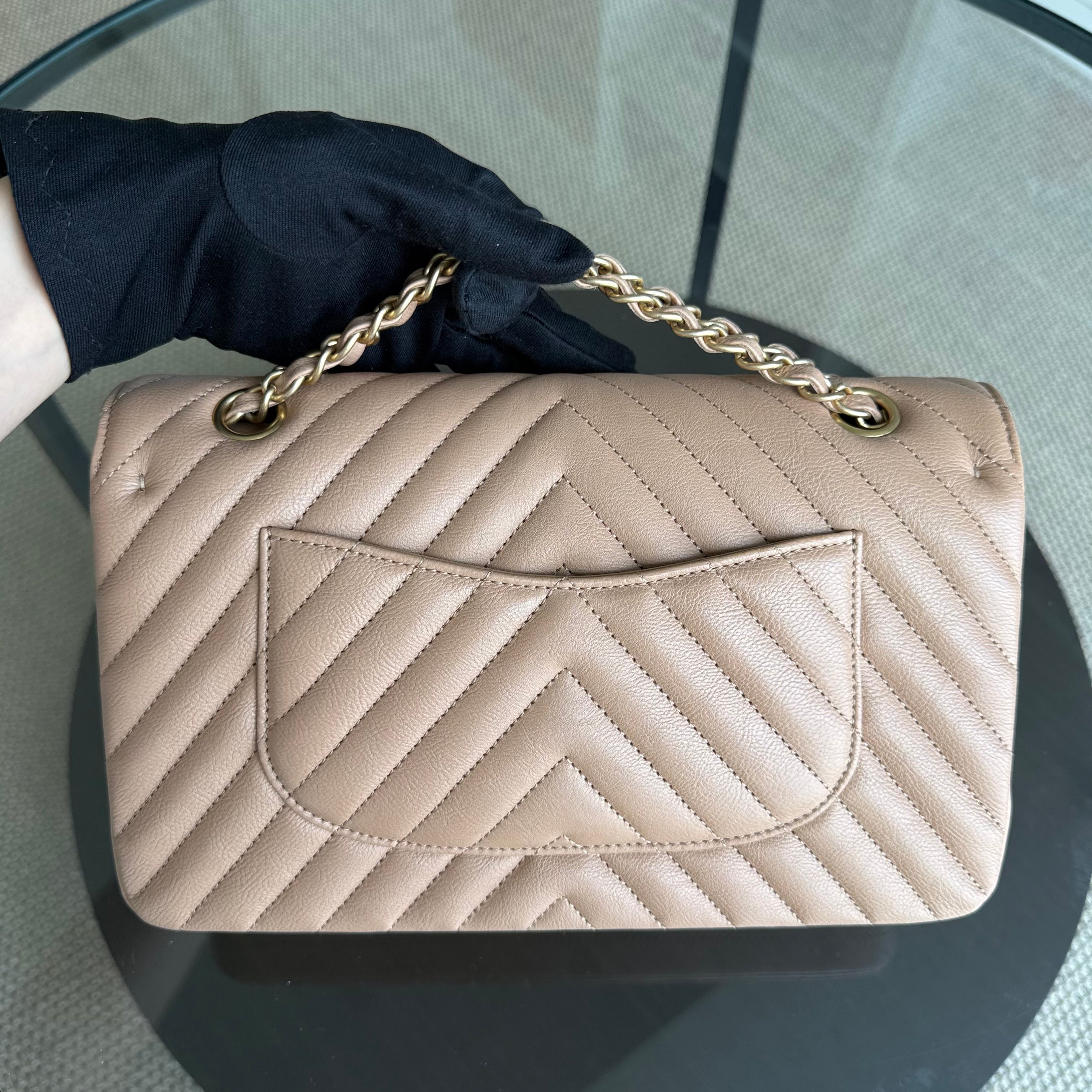 Chanel Classic Flap Medium - 25CM Chevron Grained Calfskin Dark Beige Gold Hardware Series 23