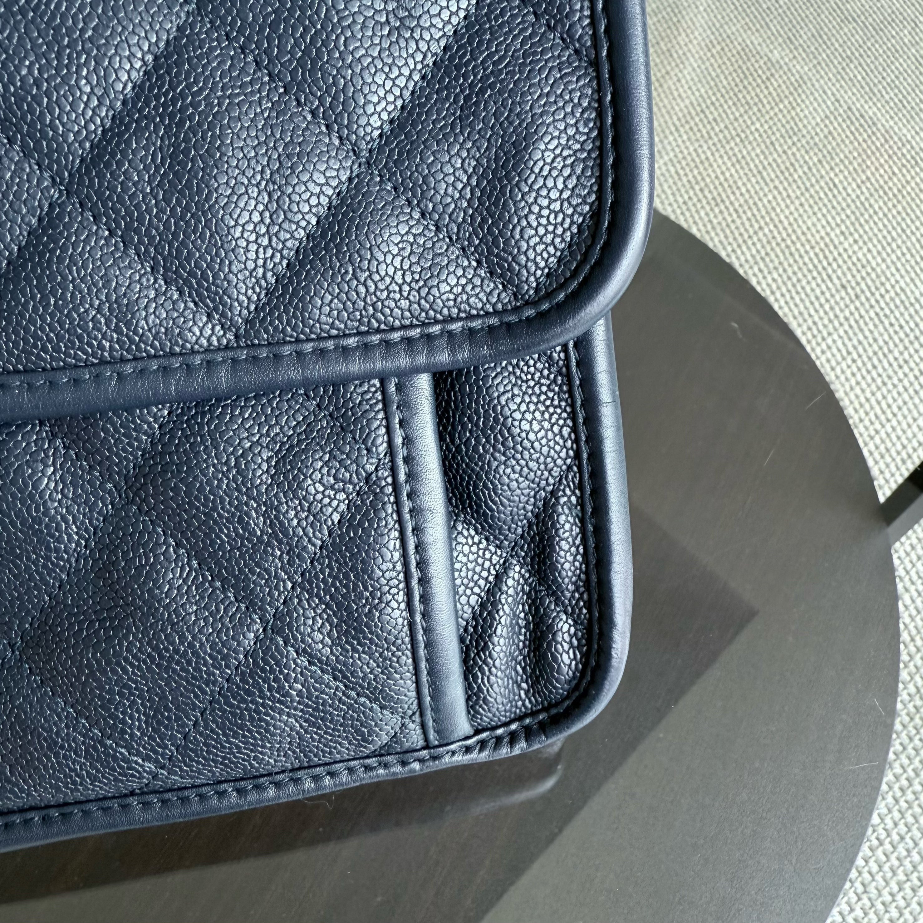 Chanel Seasonal Flap French Riviera Jumbo - Caviar 30CM Quilted Calfskin Dark Blue Silver Hardware Series 19