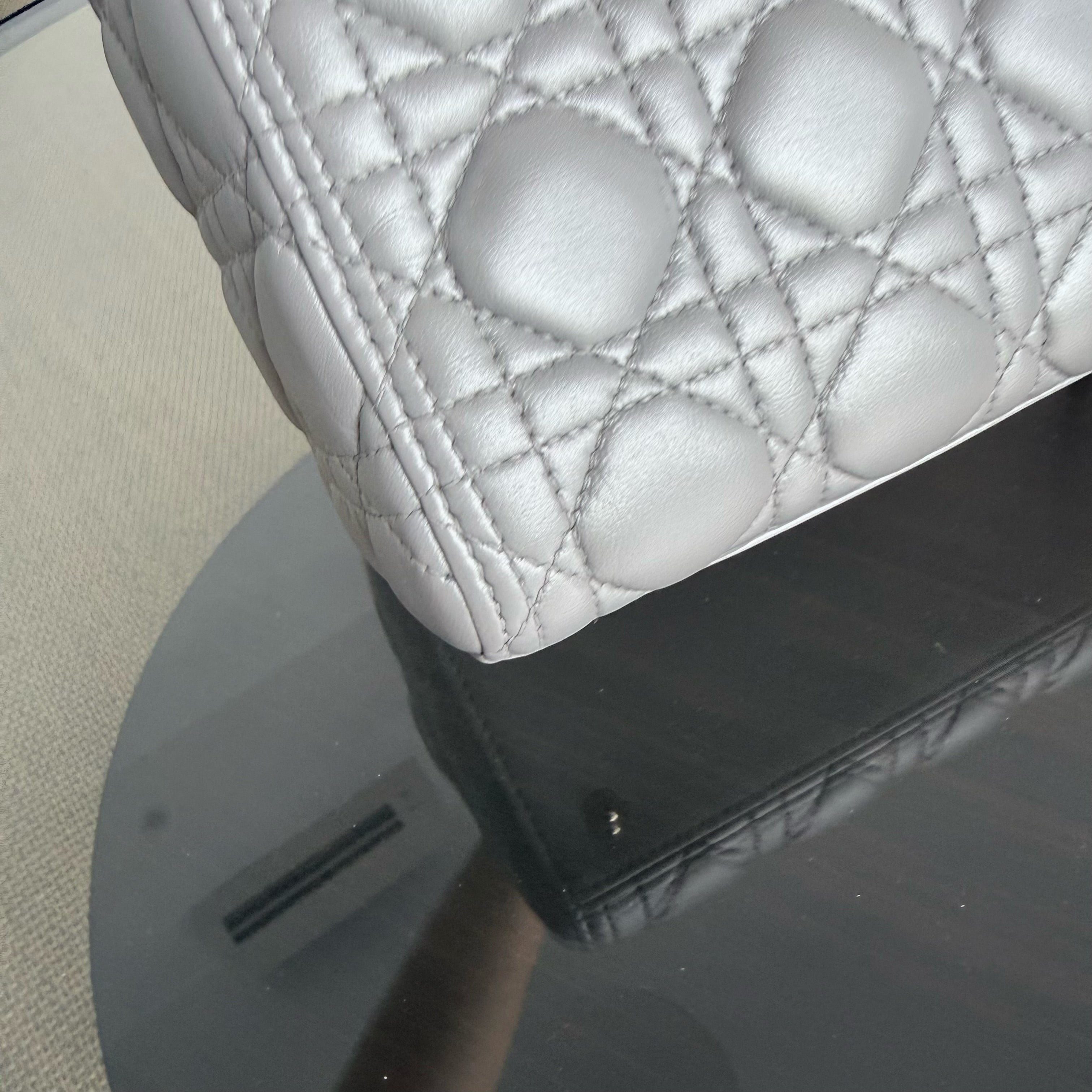 Dior Lady Medium - Cannage Lambskin Gray Grey Gold Hardware Adjustable Strap