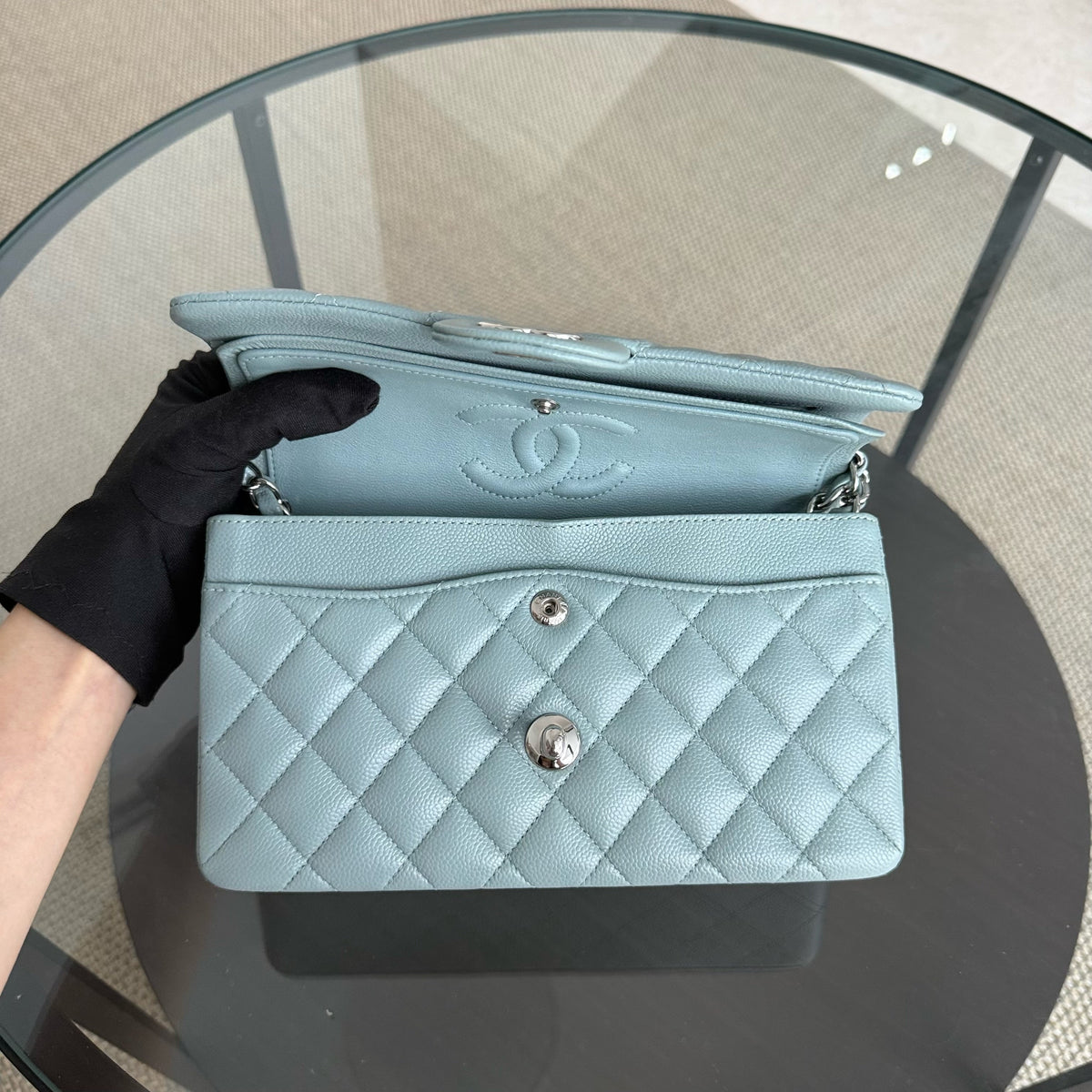 Chanel Classic Flap Small - Caviar 23CM Quilted Light Blue Green Silver Hardware Series 30