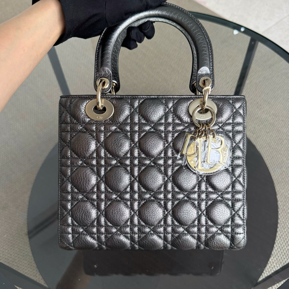 Dior Lady Medium Flap - Cannage Dark Gray Gold Hardware