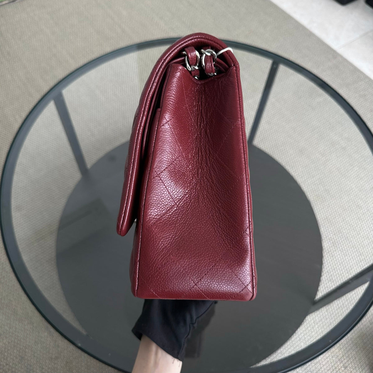Chanel Classic Flap Maxi - Caviar 33CM Double Flap Burgundy Silver Hardware Series 15