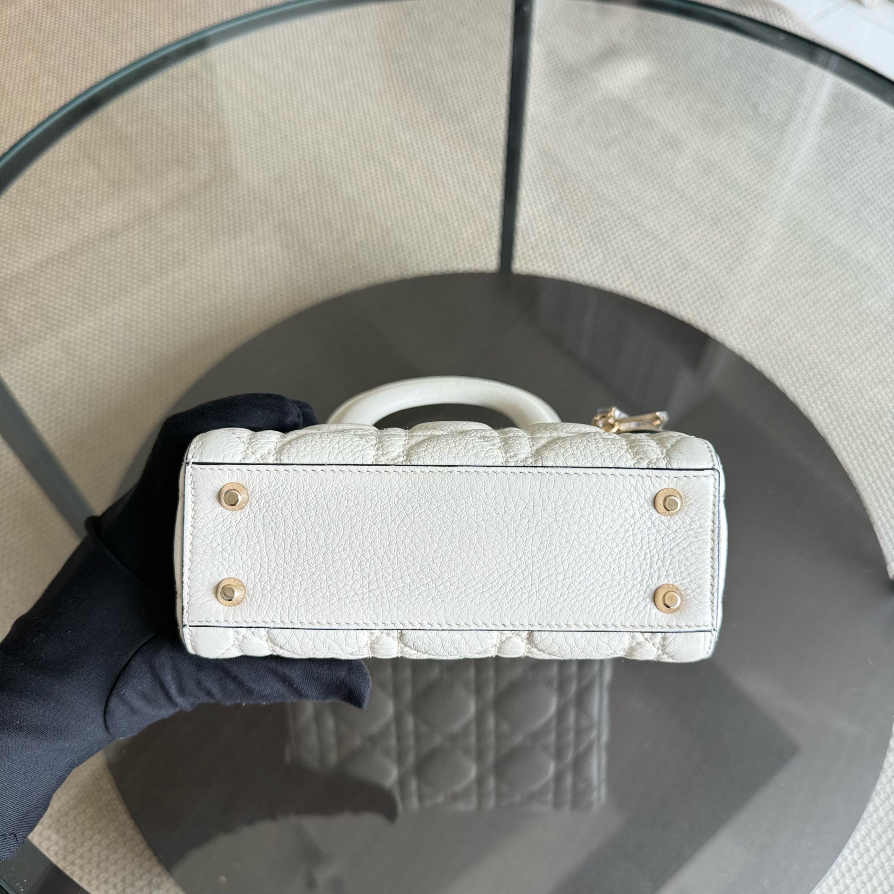 Dior Lady Mini - Grained Calfskin Cannage White Gold Hardware