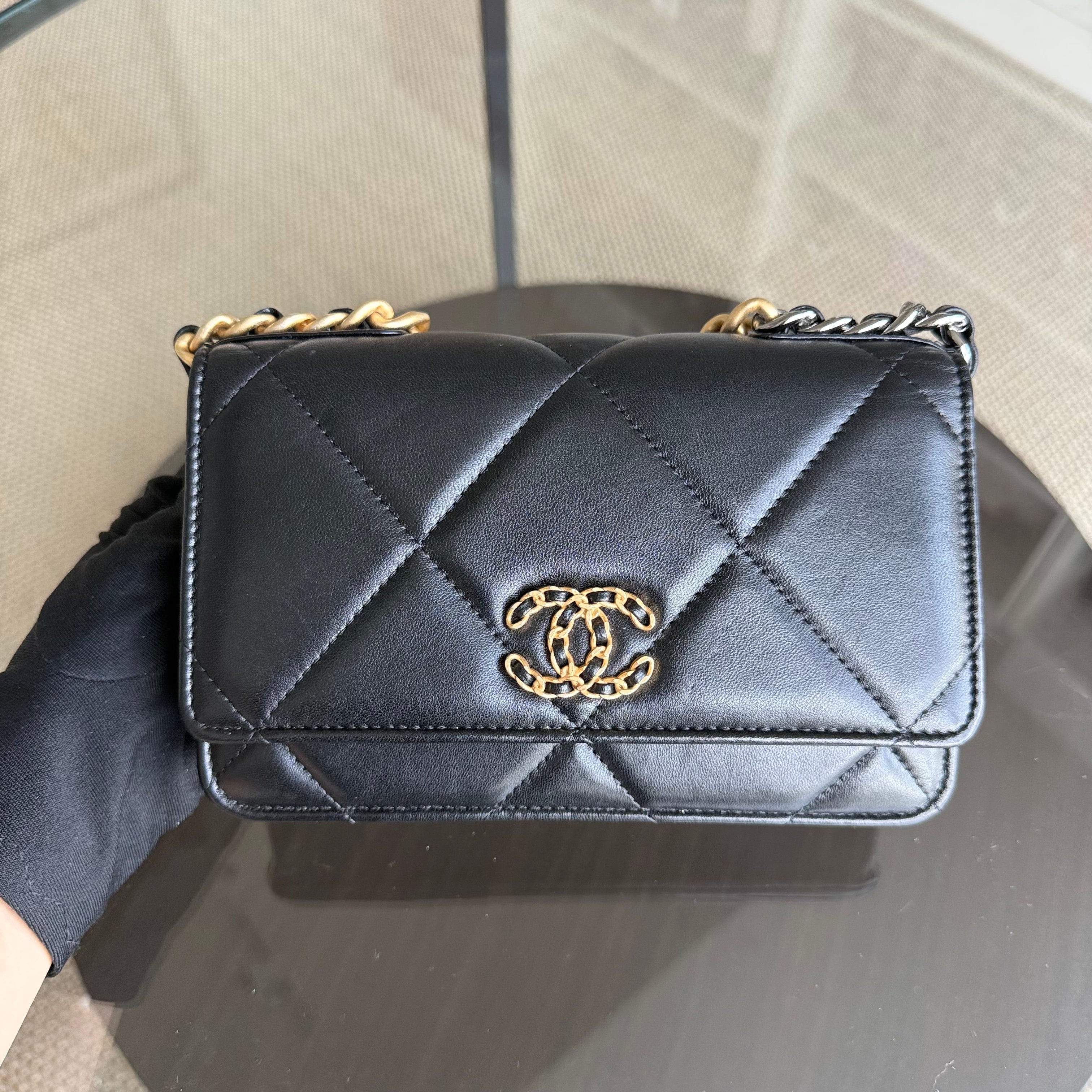 Chanel C19 WOC - 19 Bag Wallet On Chain Quilted Lambskin Black Two Tone Gold Hardware Microchip