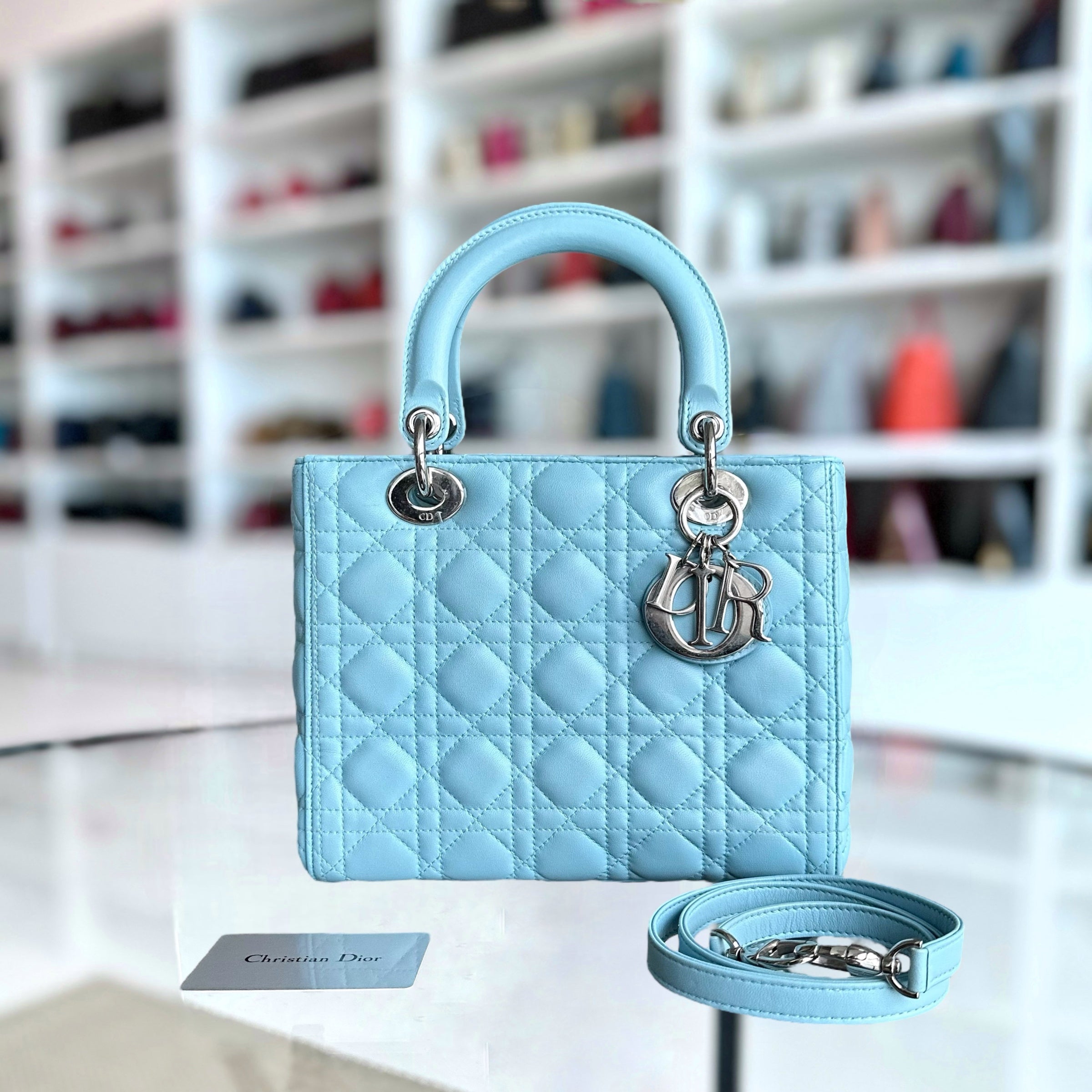 Dior Lady Medium Cannage Lambskin Light Blue Silver Hardware