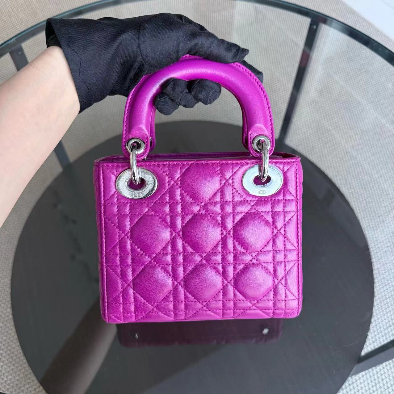 *Full Set Receipt* Dior Lady Mini Cannage Lambskin Purple Violet Silver Hardware Adjustbale Strap