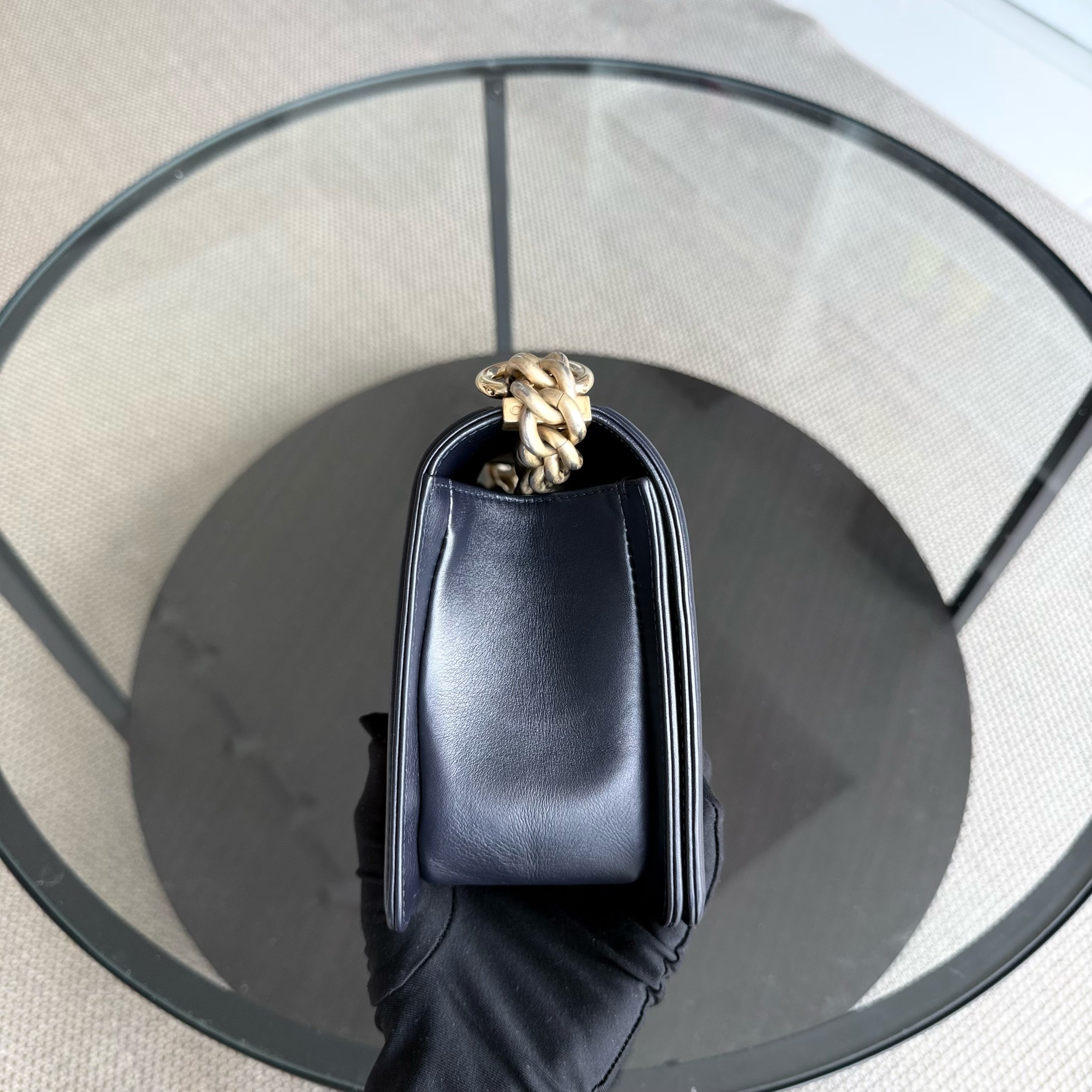 Chanel Boy Medium - Calfskin 25CM Quilted Dark Blue Gold Hardware Series 26