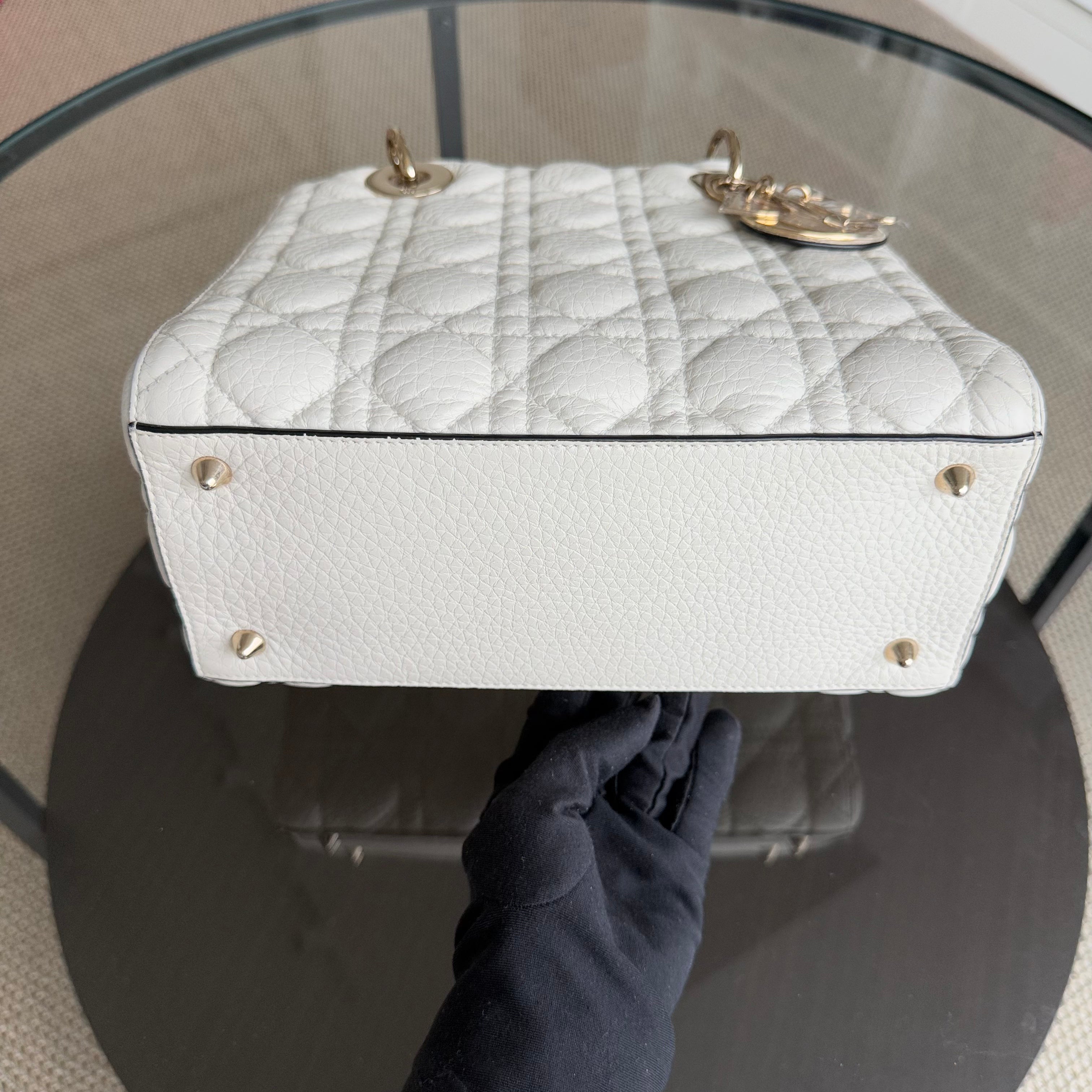 Dior Lady Flap Medium - Cannage Grained Calfskin Cream White Gold Hardware