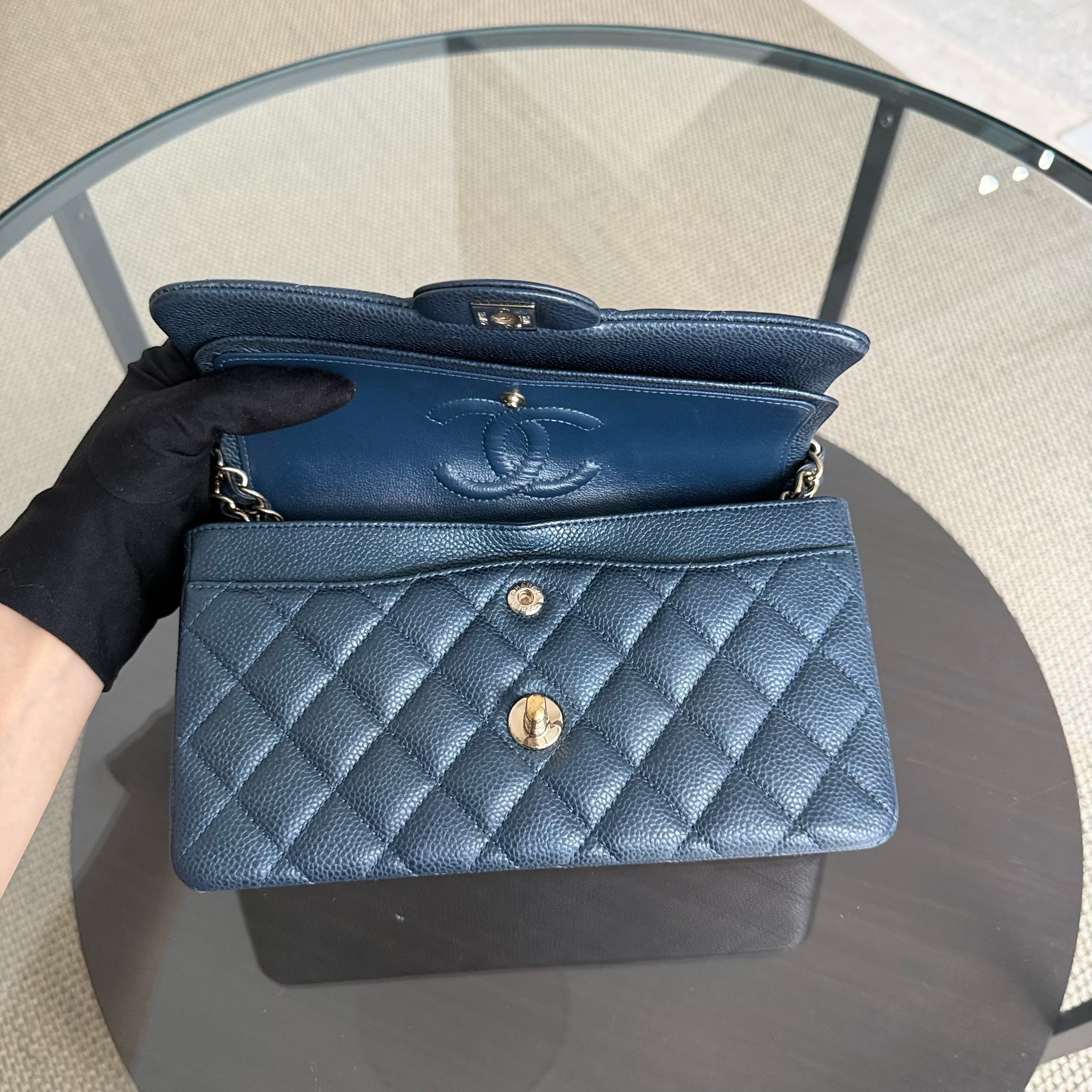Chanel Classic Flap Small - Caviar 23CM Quilted Blue Gold Hardware Series 25