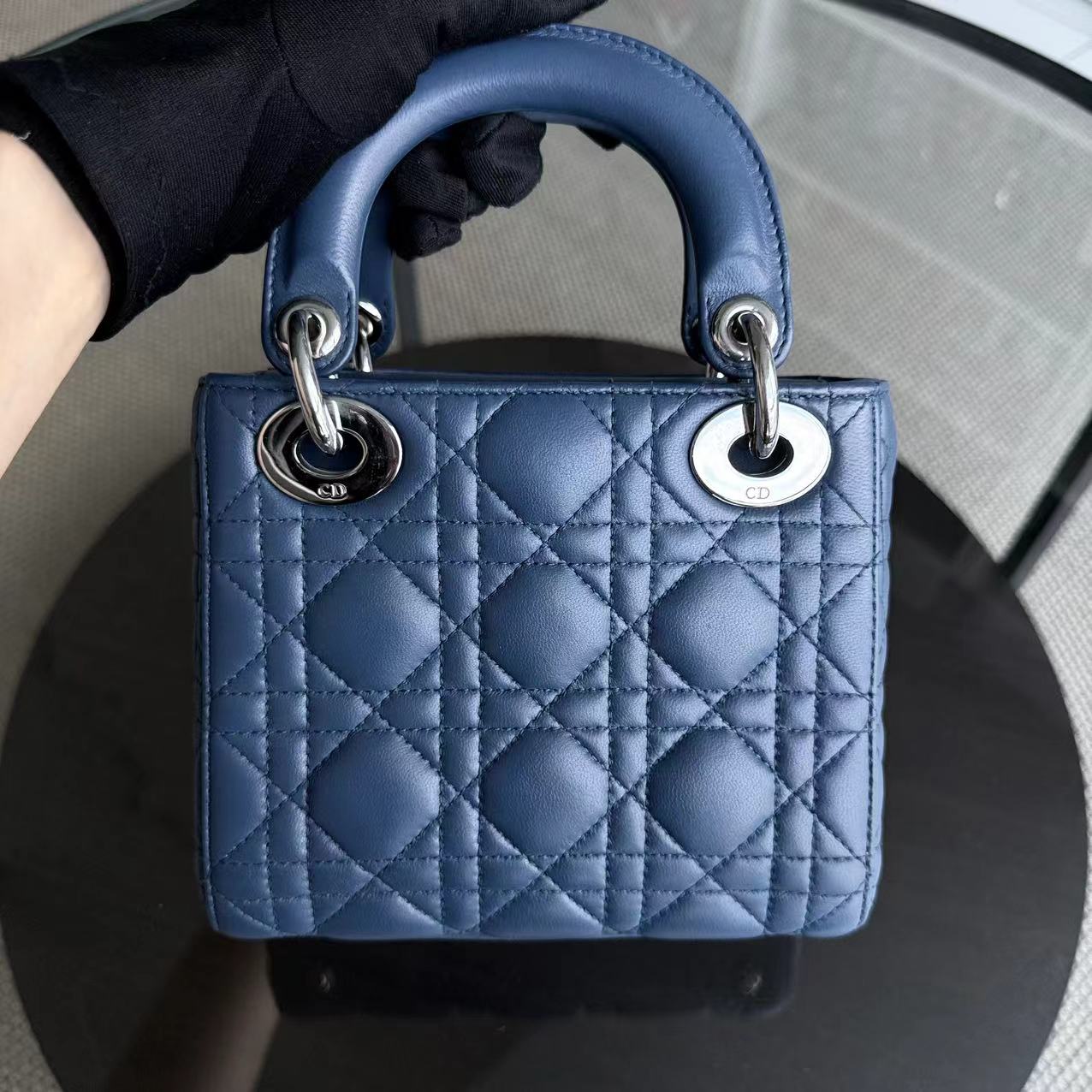 Dior Lady Mini Bag - Cannage Lambskin Blue Adjustable Strap Silver Hardware