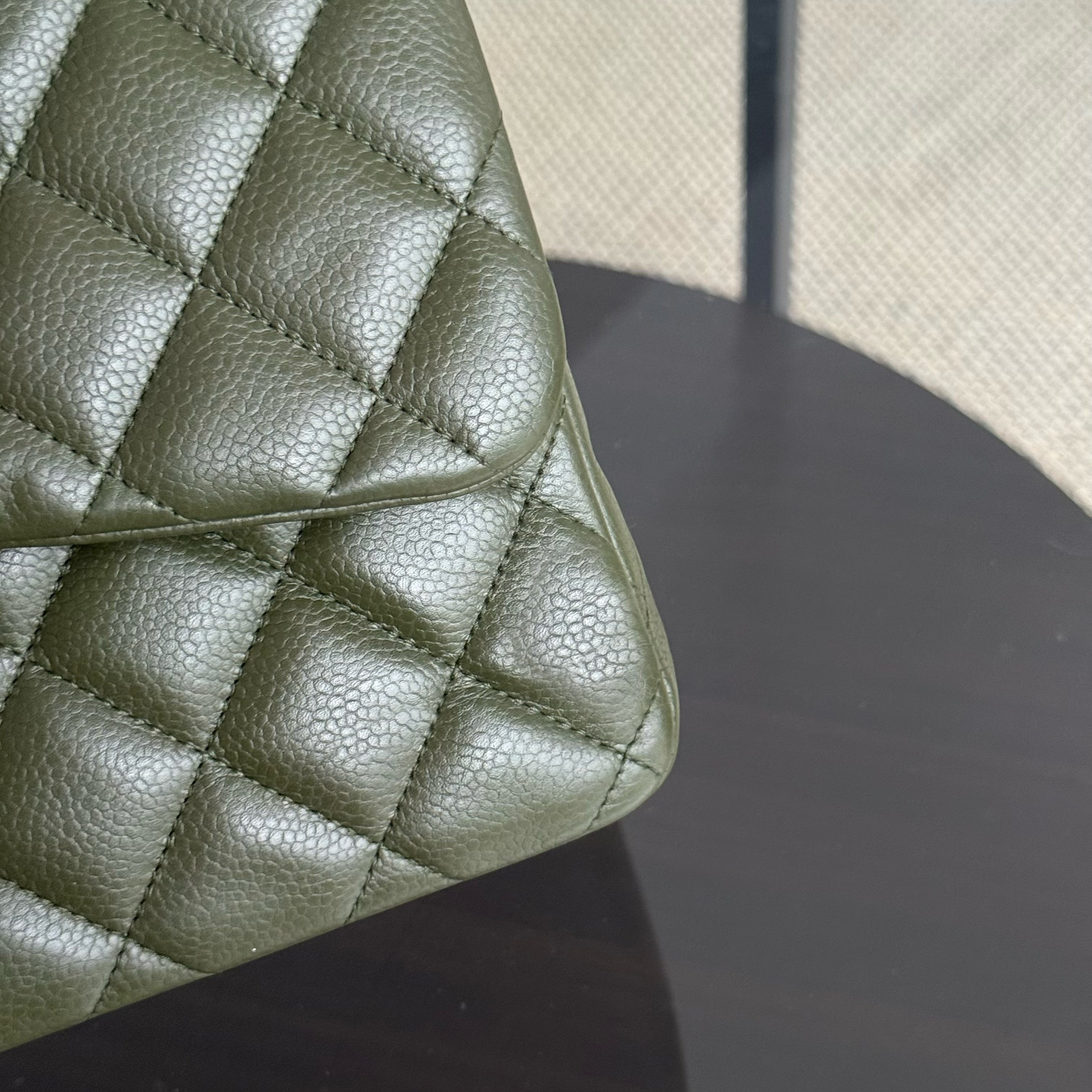 Chanel Classic Flap Jumbo - Caviar 30CM Double Flap Quilted Dark Army Green Silver Hardware Series 14