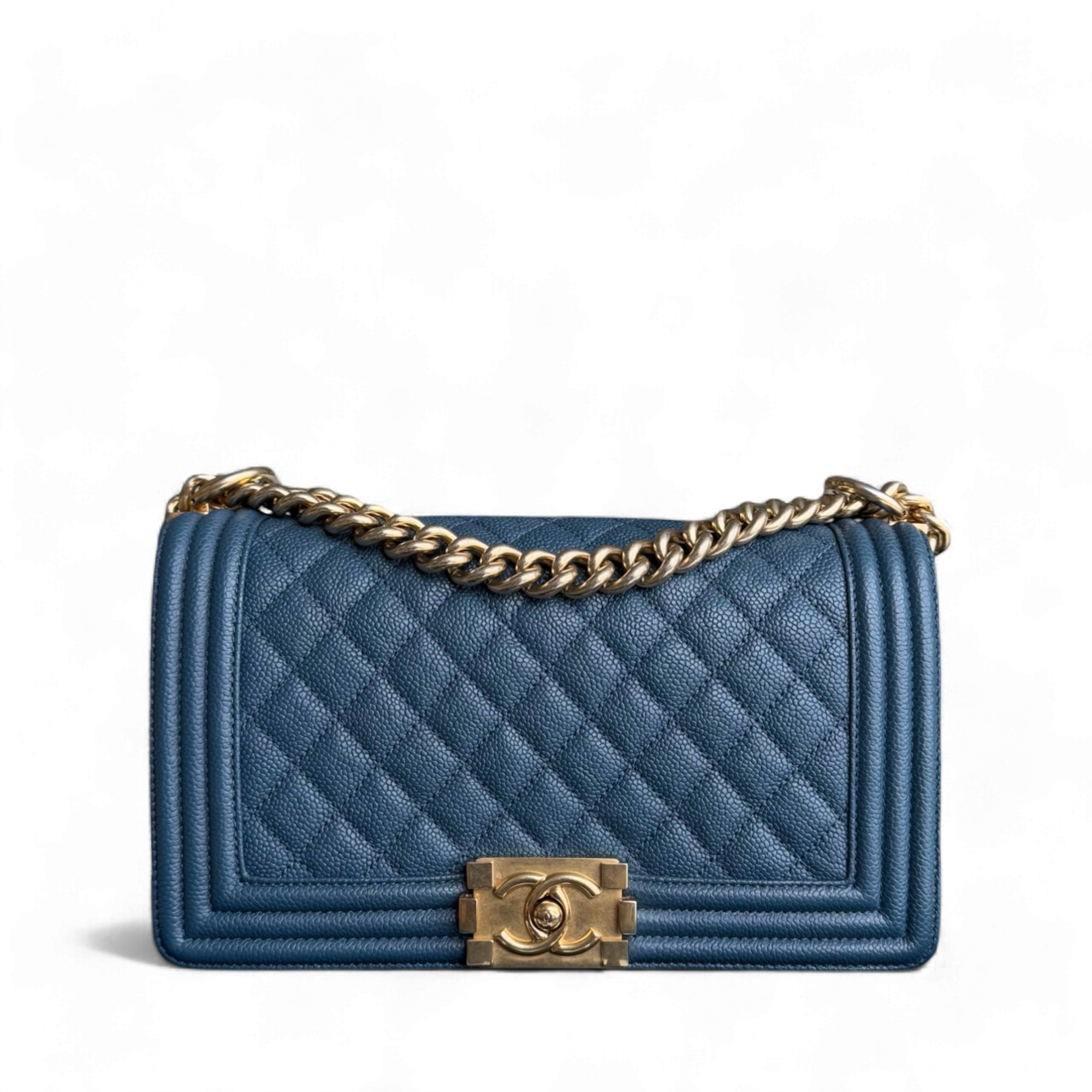 Chanel Boy Medium - Caviar 25CM Quilted Blue Gold Hardware Series 23