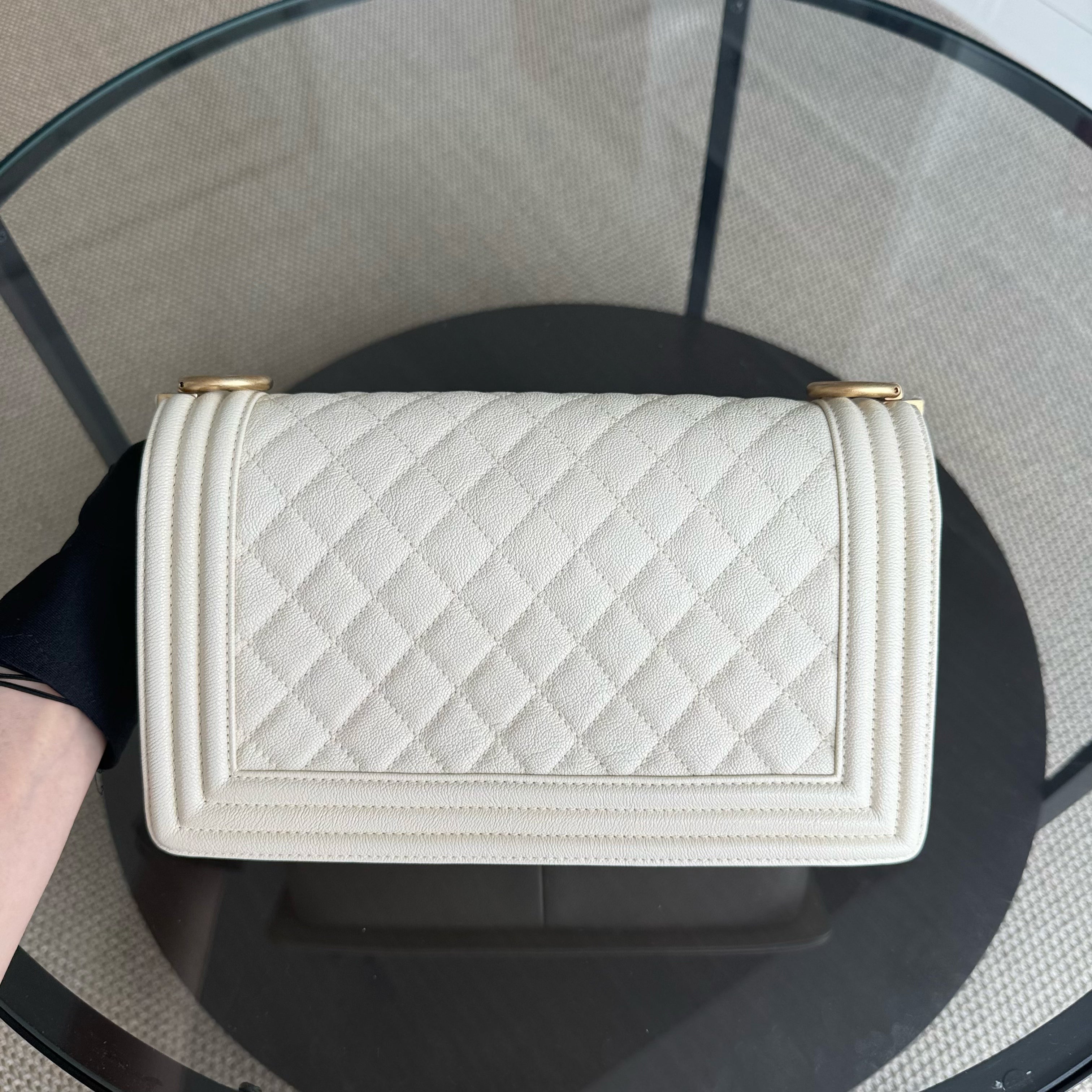 Chanel Boy Medium - Caviar 25CM Cream White Aged Gold Hardware Series 26