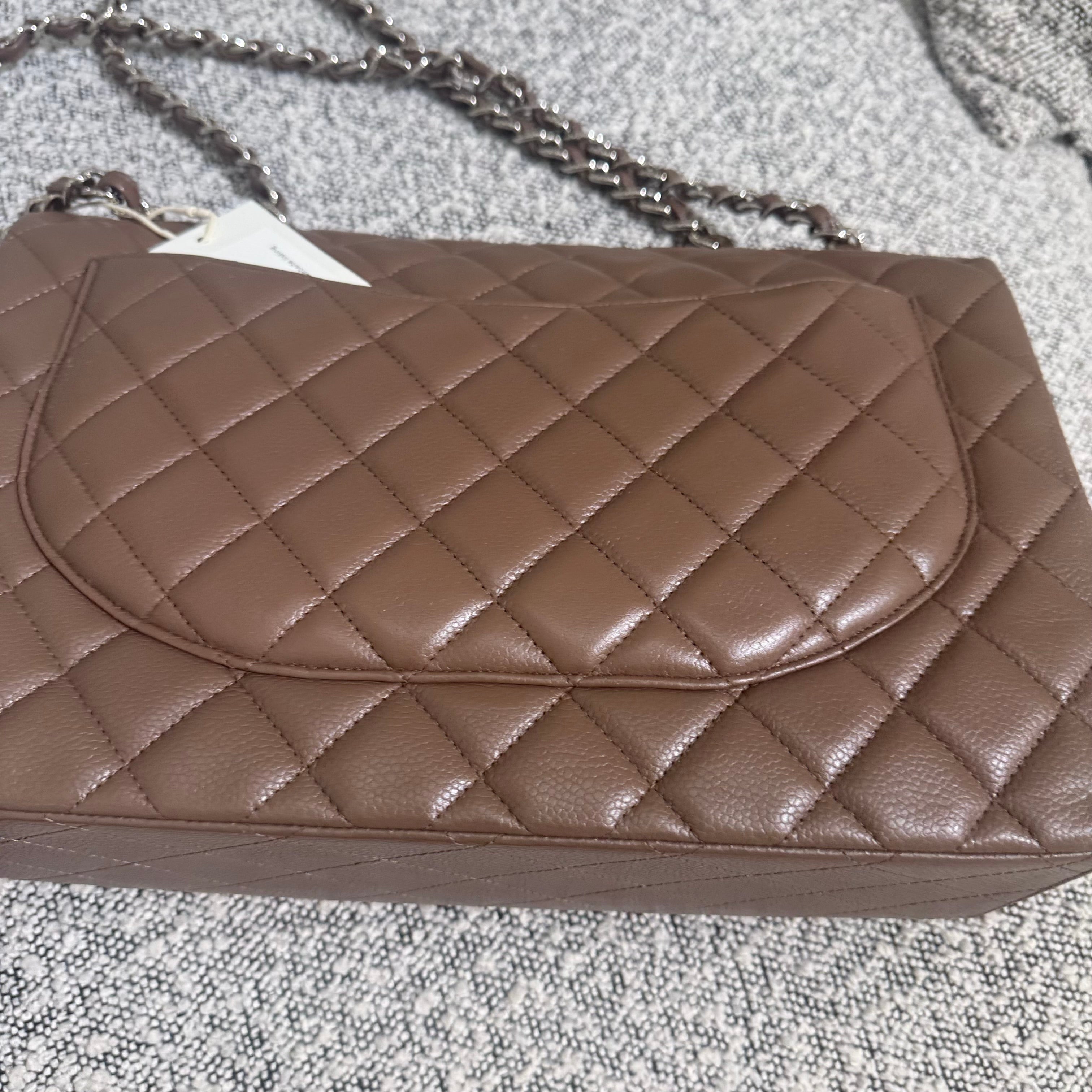 Chanel Classic Flap Maxi - Caviar 33CM Single Flap Quilted Brown Silver Harware