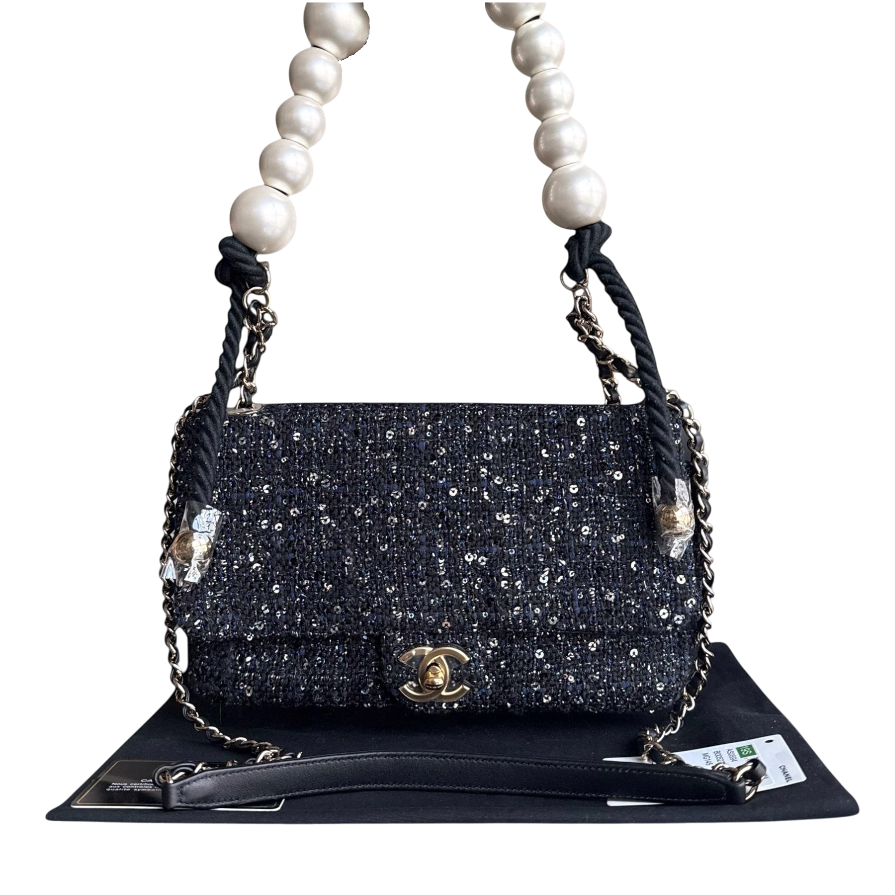 Chanel Classic Seasonal Flap Medium - Tweed Pearl Chain Black Gold Hardware Series 27