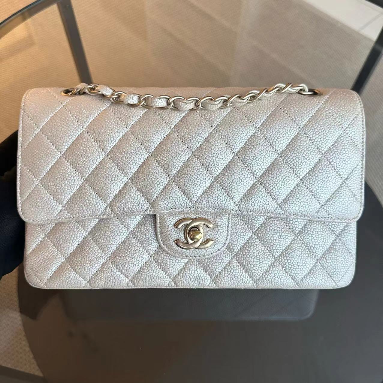 Chanel Medium Caviar Classic Flap Quilted Grained Calfskin Iridescent Beige Gold Golden Hardware Series 16