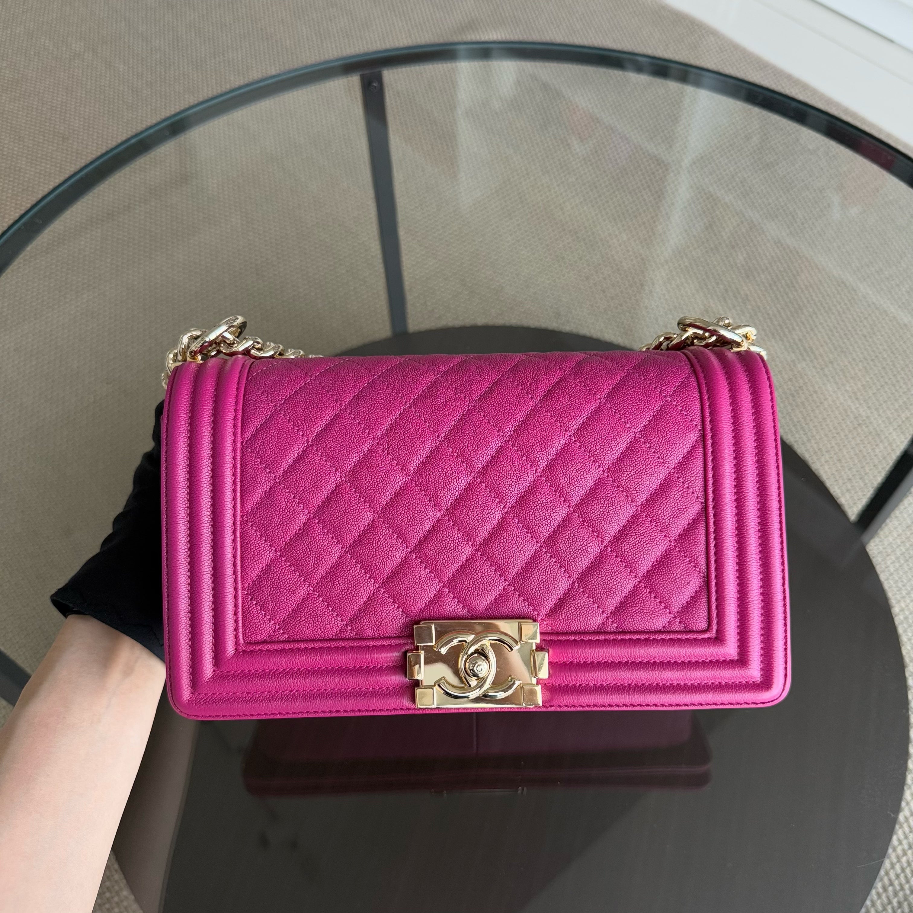 Chanel Boy Medium - 25CM Caviar Quilted Hot Pink Gold Hardware Series 28