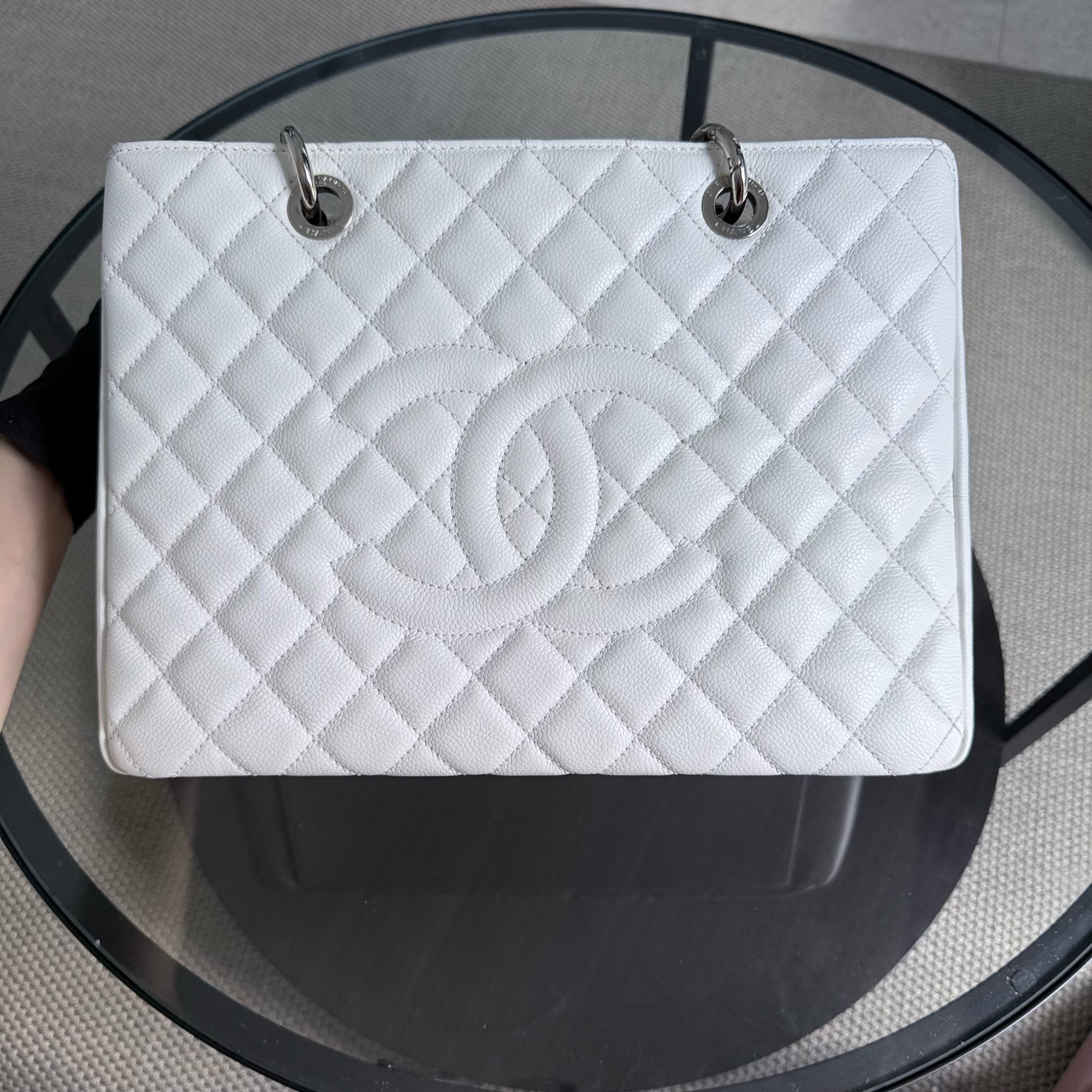 Chanel GST Grand Shopping Tote - Caviar Quilted White Silver Hardware Series 14