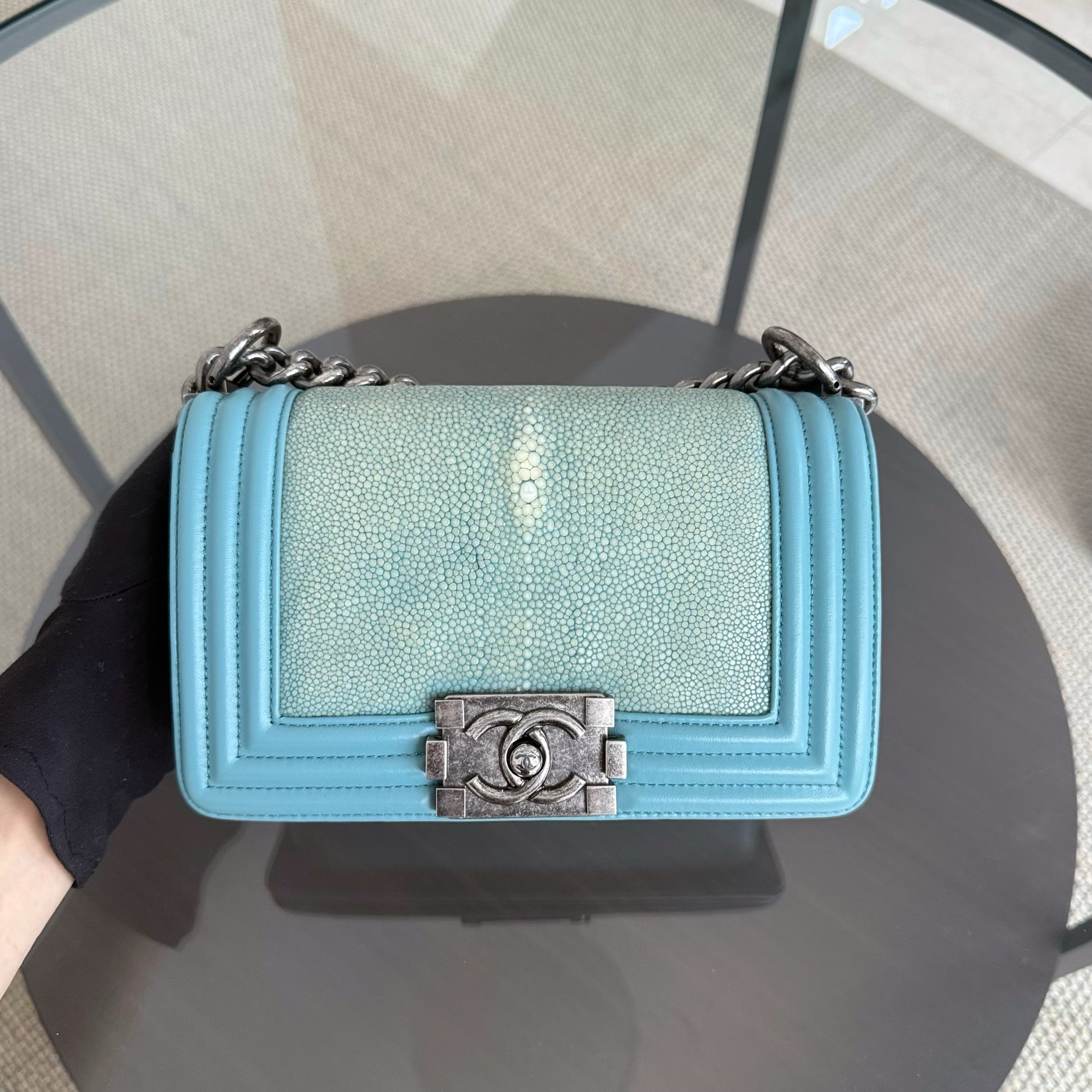 Chanel Boy Small - 20CM Stingray Tiffany Blue Silver Hardware Series 22