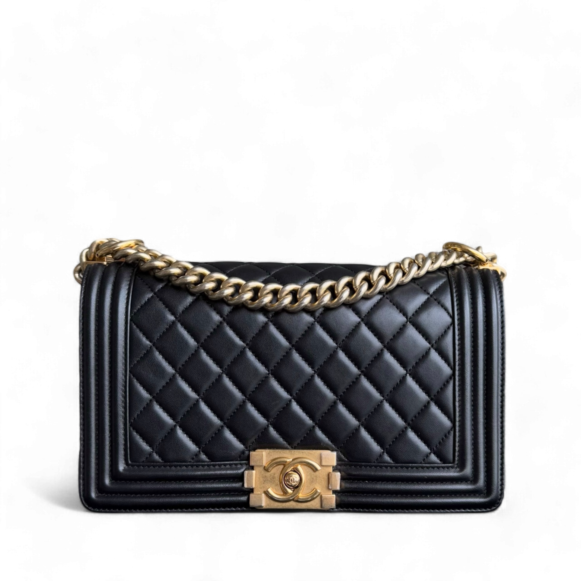 Chanel Boy Medium - 25CM Quilted Lambskin Black Gold Hardware Series 21