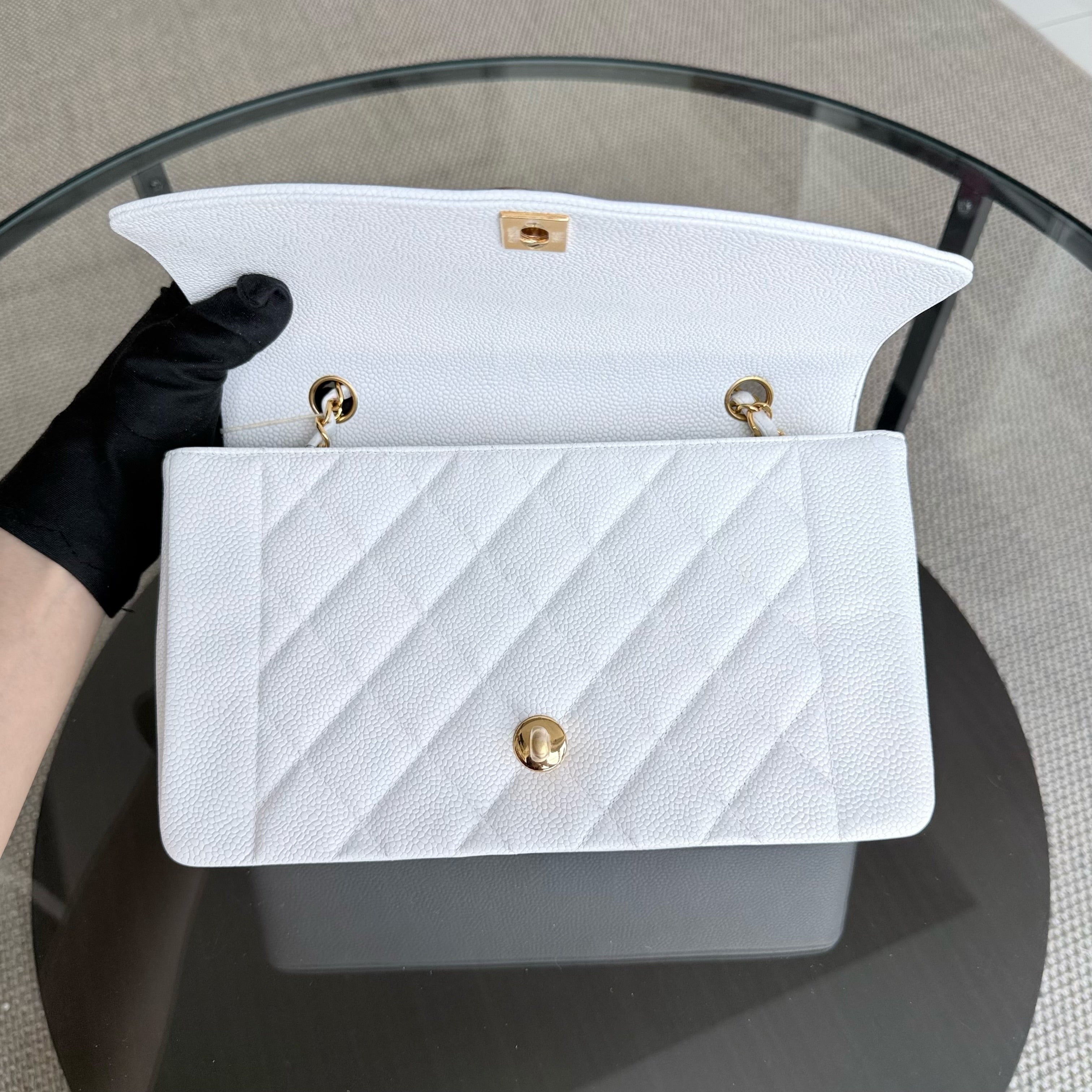Chanel Diana Medium Vintage - 25CM Quilted Caviar White Gold Hardware Series 2