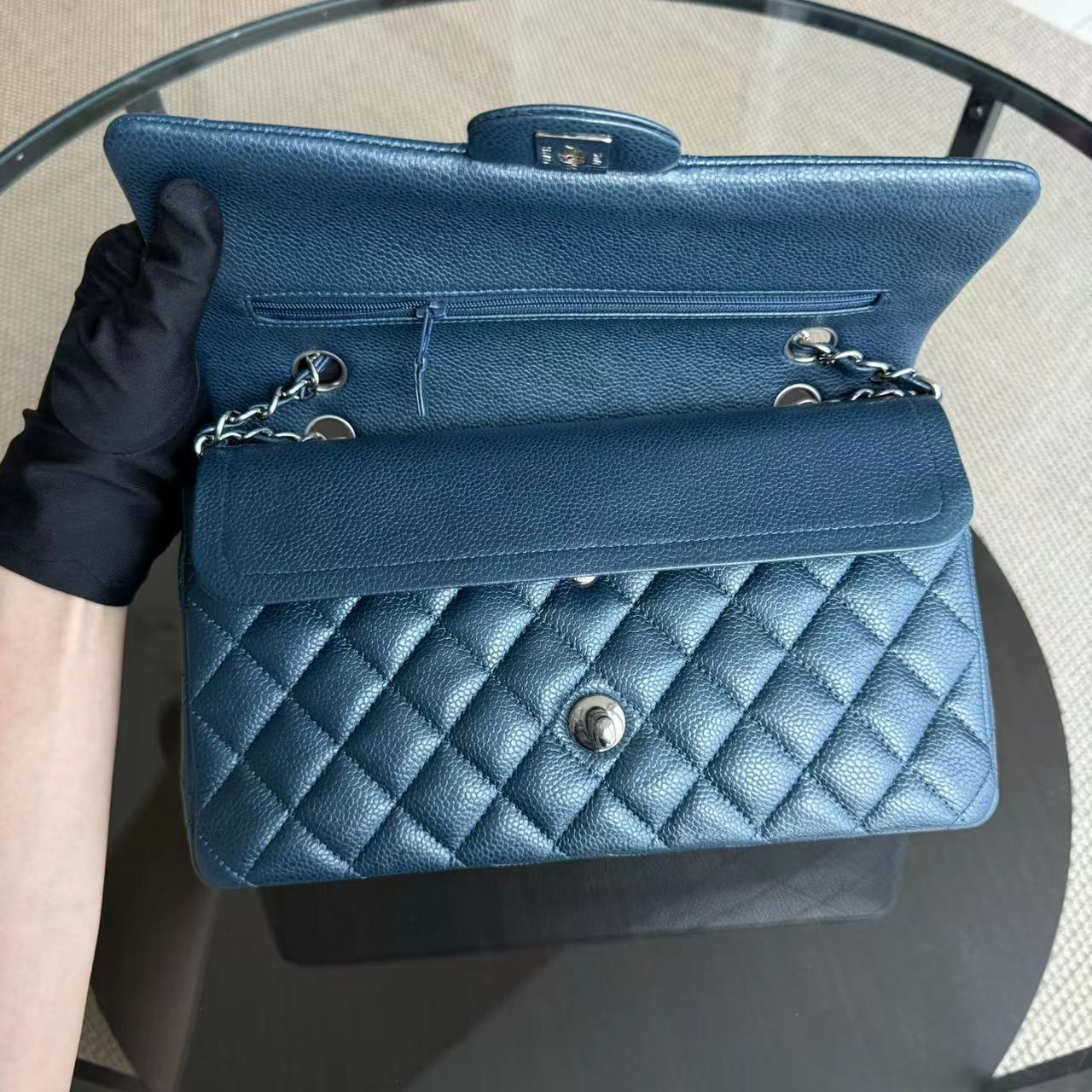 Caviar Medium Classic Flap Quilted Dark Blue Green Silver Hardware Series 20