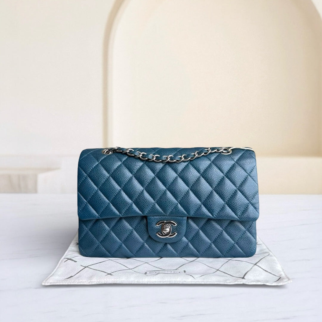 Chanel Classic Flap Medium - Caviar 25CM Quilted Blue Gold Hardware Series 20