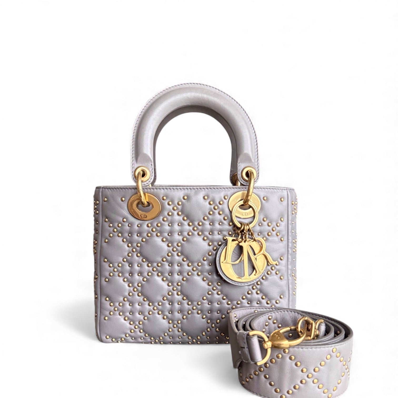Dior Lady Small - Studded Lambskin Cannage Grey Gray Gold Hardware