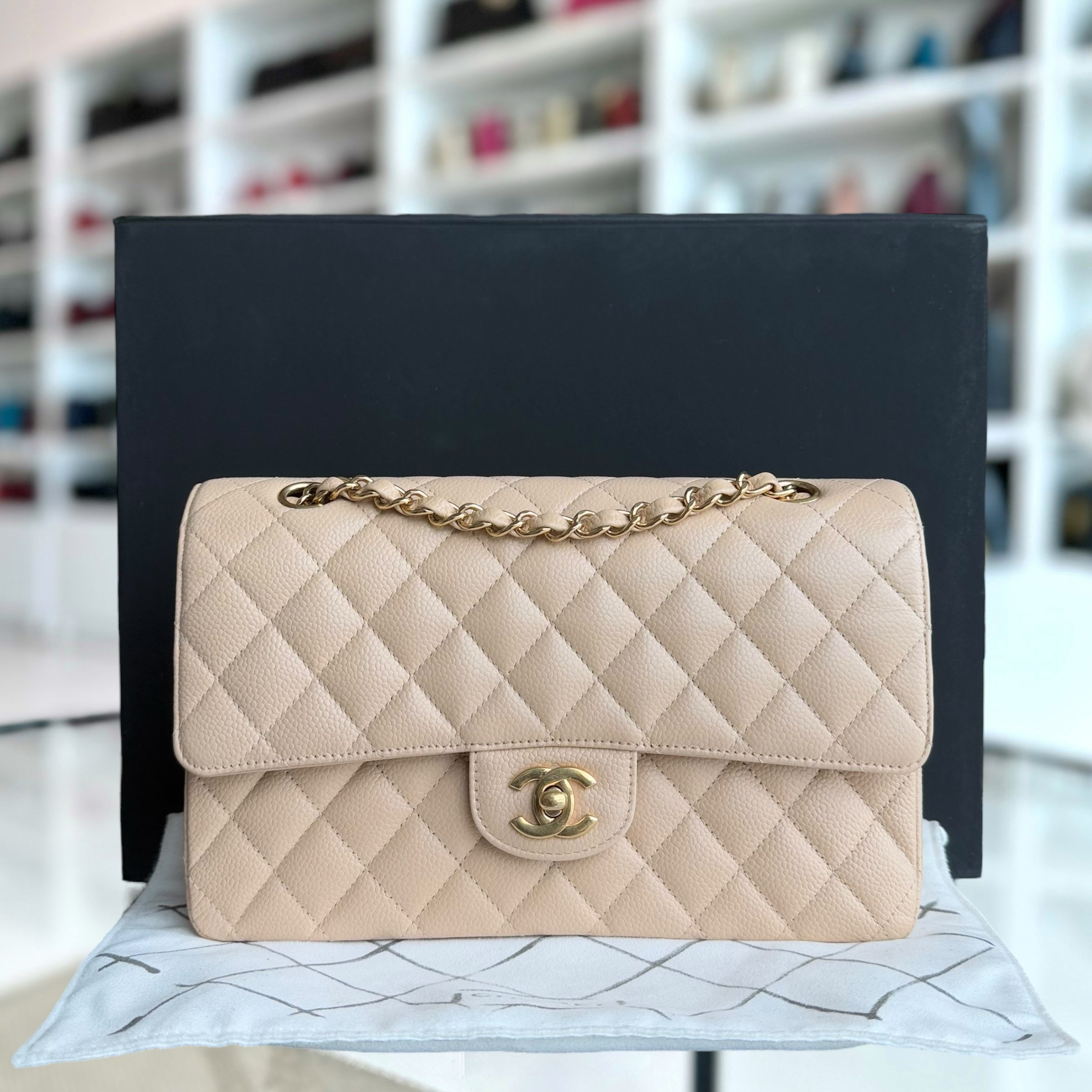 Chanel Classic Flap Medium - Caviar 25CM Quilted Beige Gold Hardware Series 13