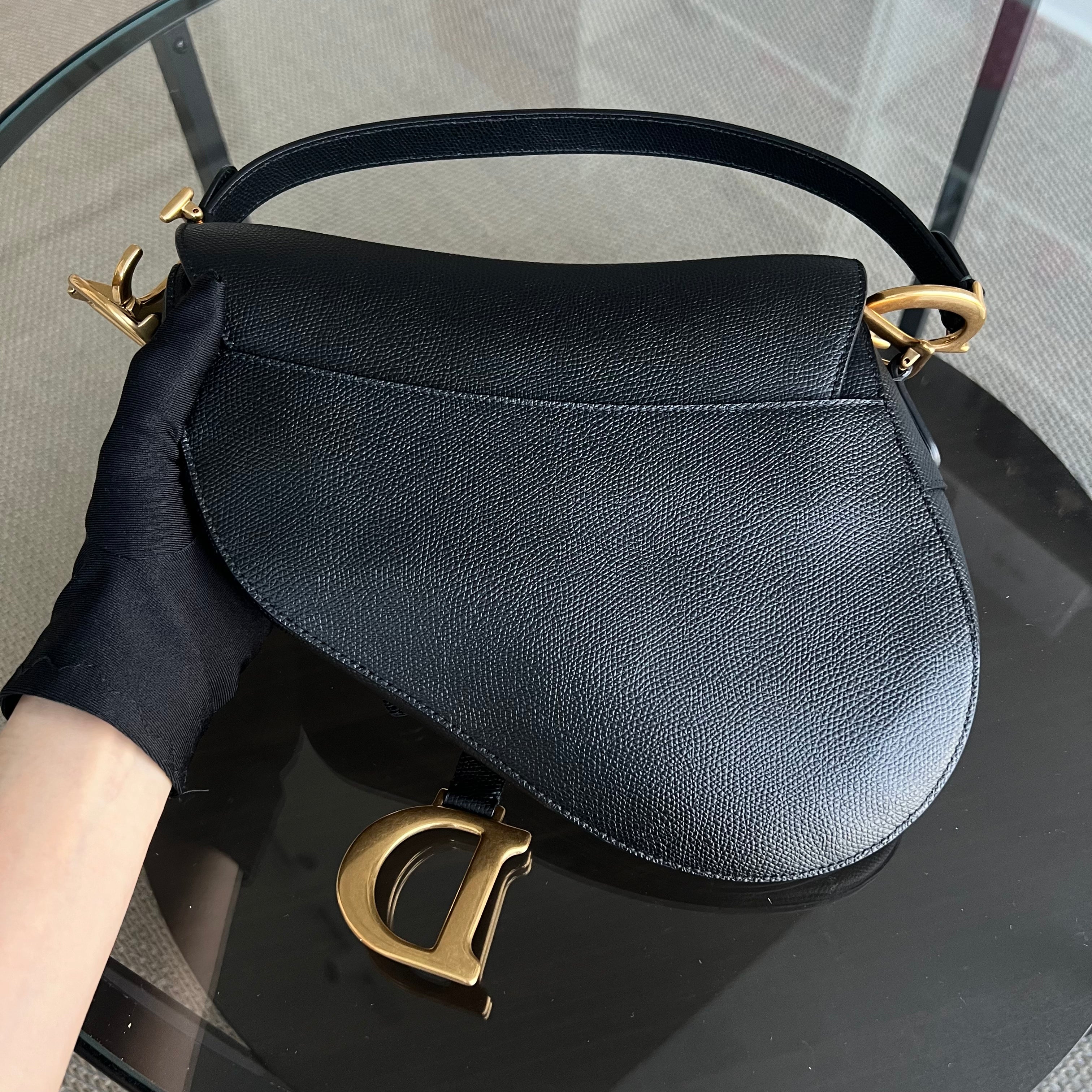 *New Version with Strap* Dior Saddle Medium Grained Calfskin Black Golden Hardware