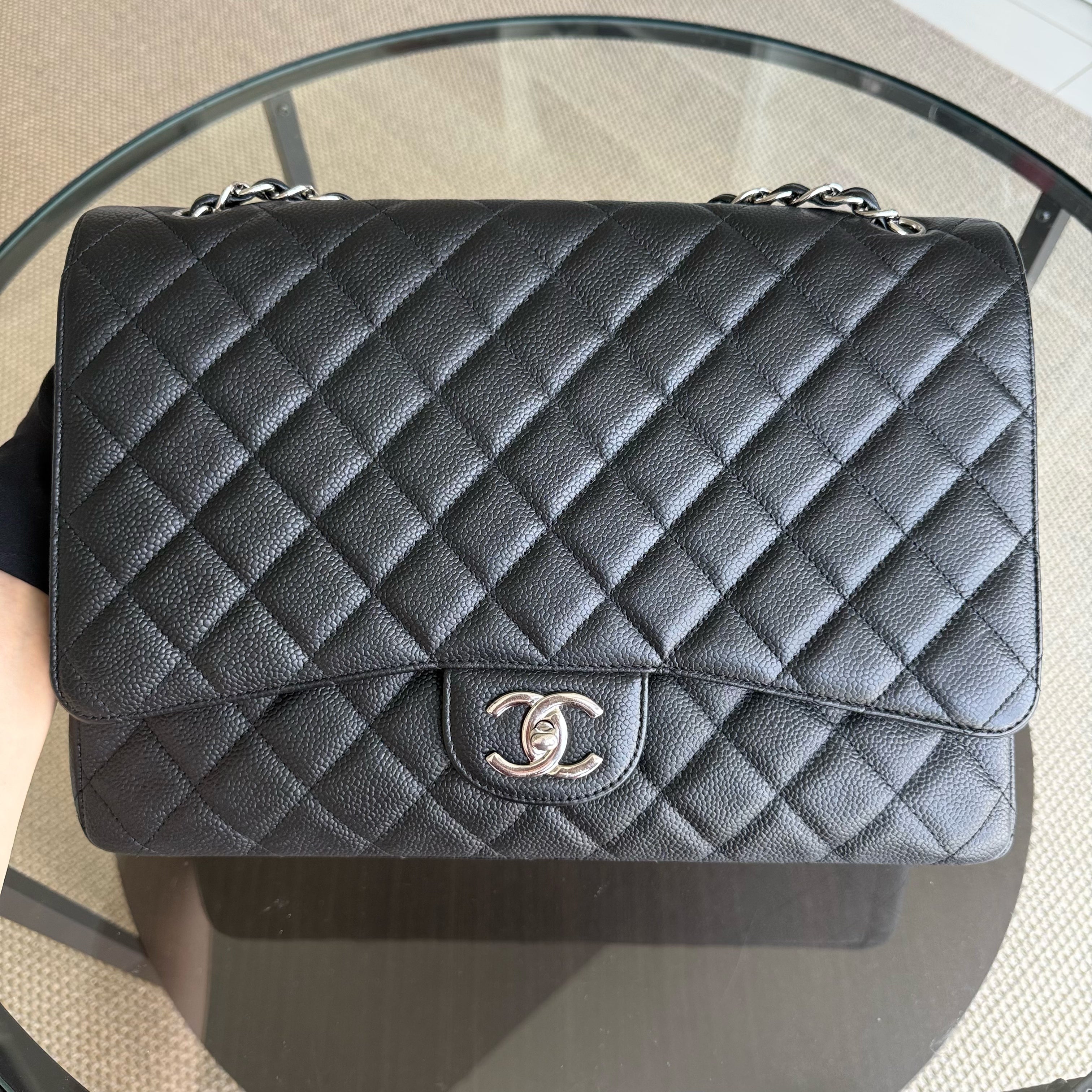 Chanel Classic Flap Maxi - Caviar 33CM Double Flap Black Silver Hardware Series 17