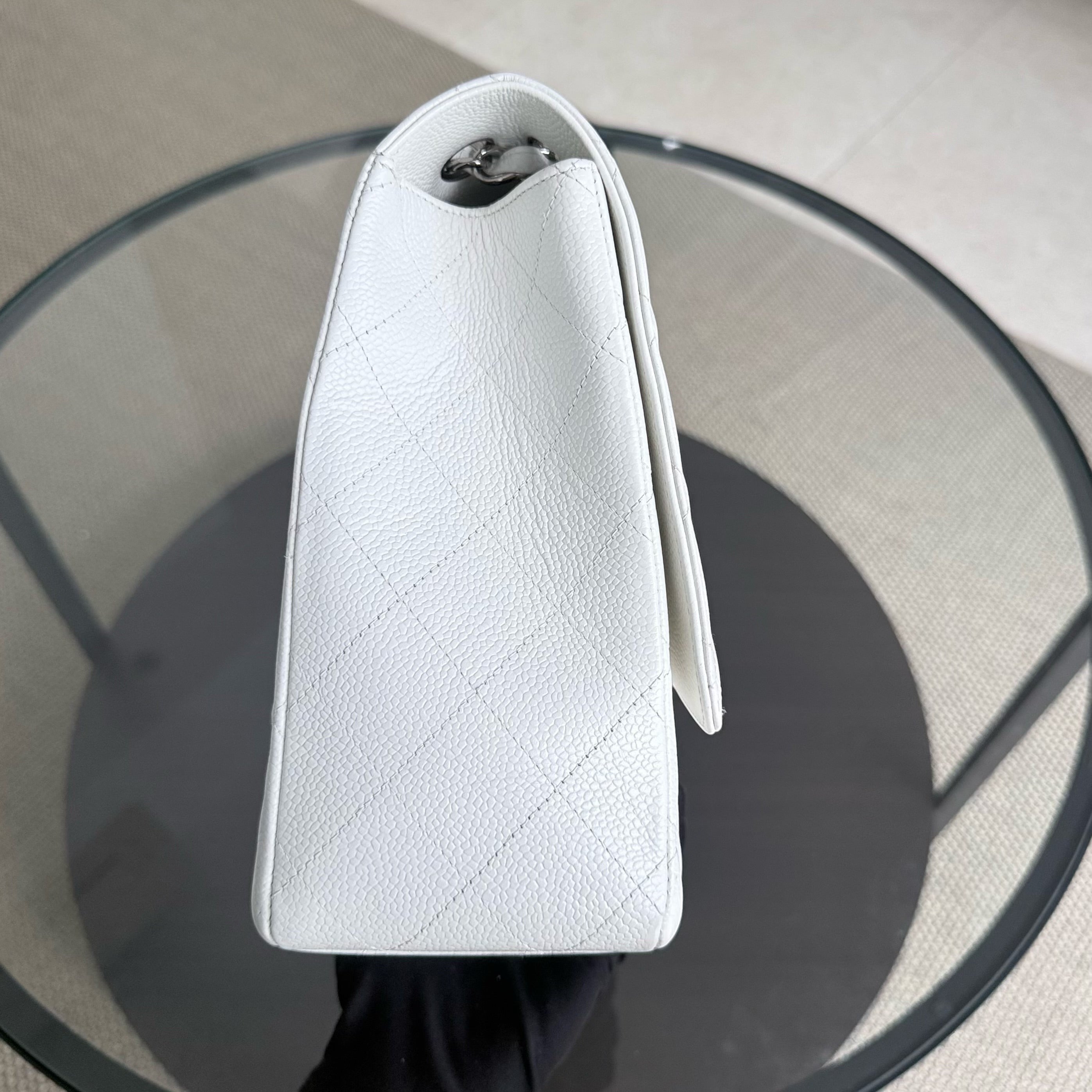 Chanel Classic Flap Maxi - Caviar 33CM Single Flap Quilted White Silver Harware Series 13