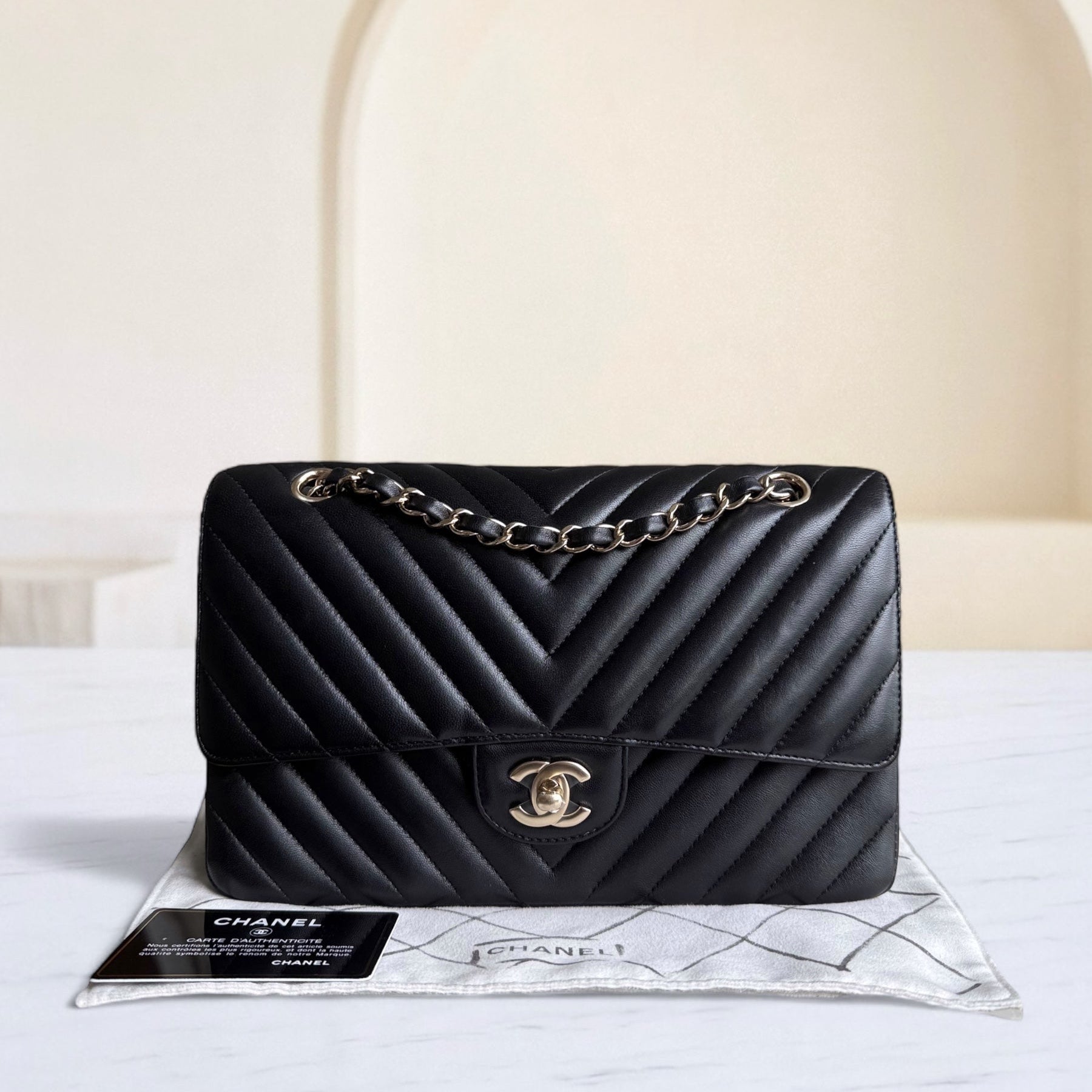 Chanel Classic Flap Medium - 25CM Chevron Lambskin Black Light Gold Hardware Series 27