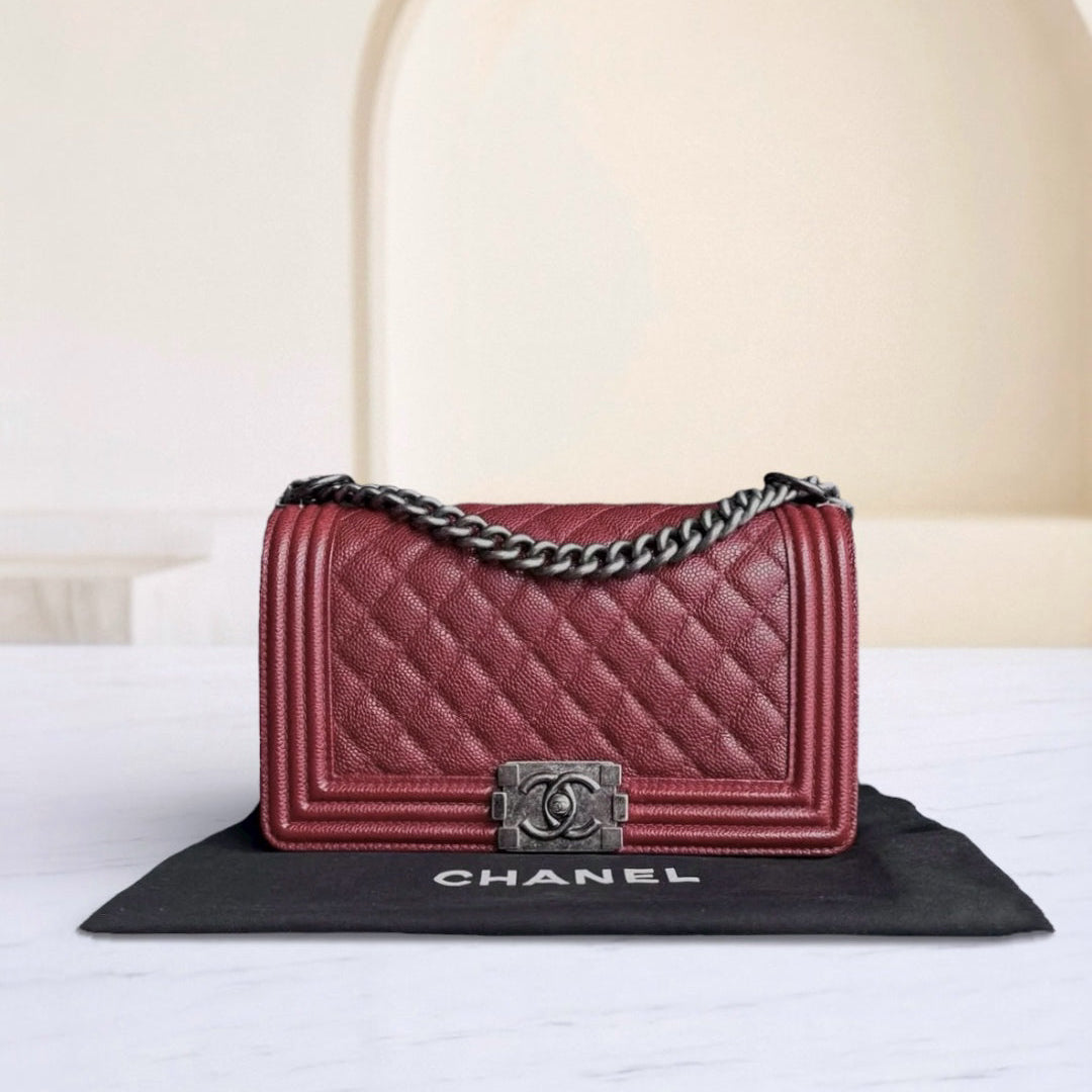 Chanel Boy Medium - Caviar 25CM Quilted Burgundy Dark Red Ruthenium Silver Hardware Series 19