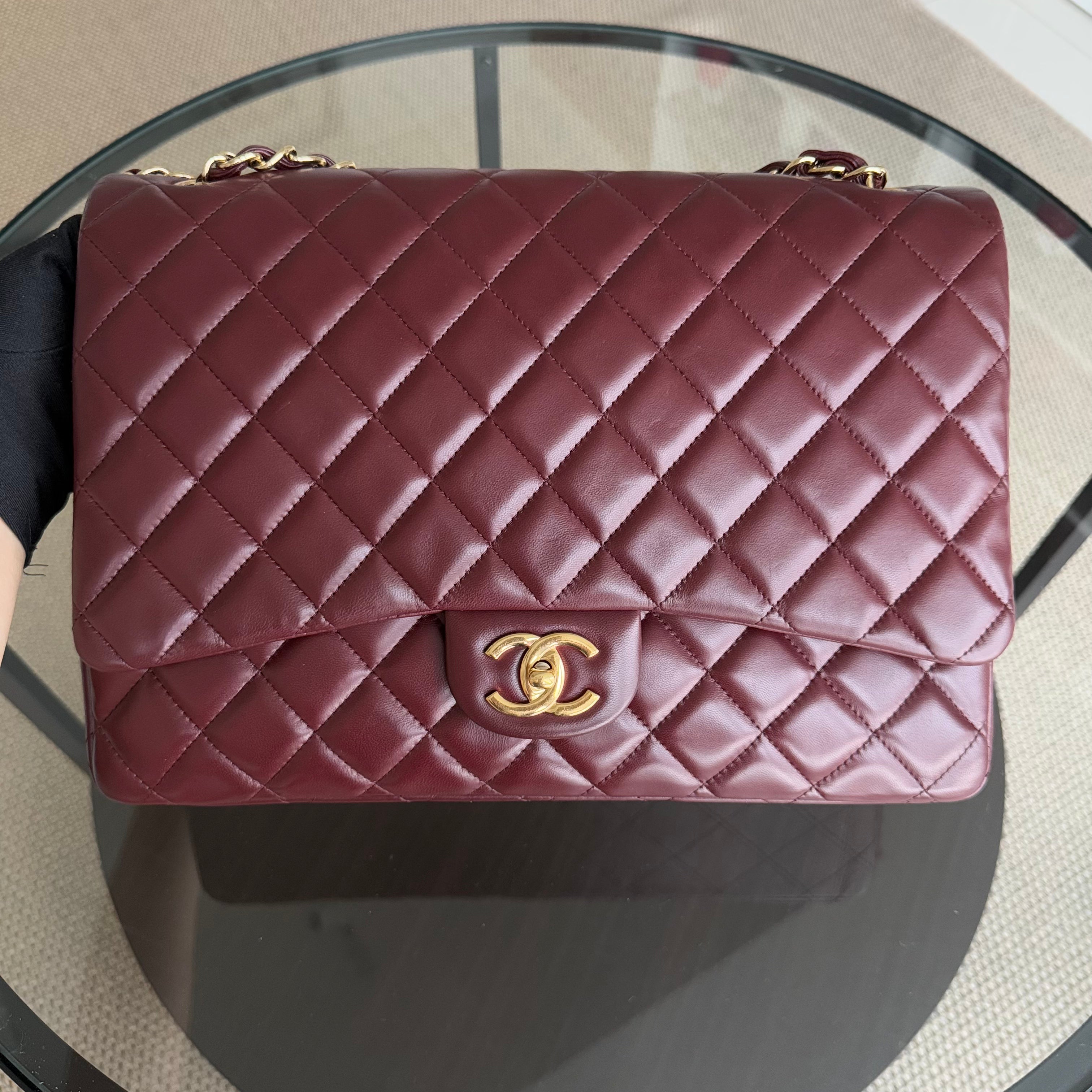 Chanel Classic Flap Maxi - 33CM Double Flap Quilted Lambskin Burgundy Gold Hardware Series 16