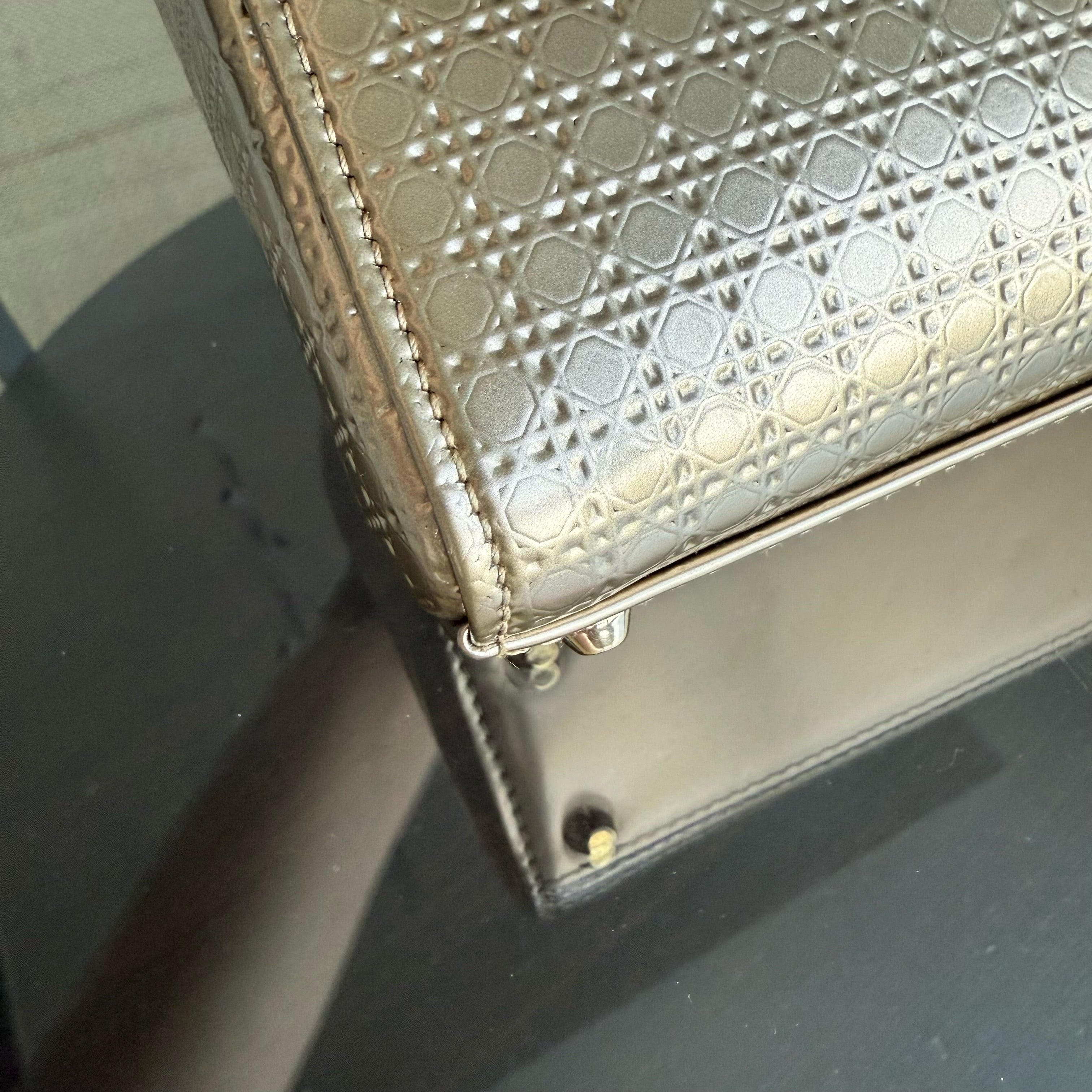 Dior Lady Mini - Calfskin Micro-Cannage Metallic Gold Gold Hardware Chain Strap