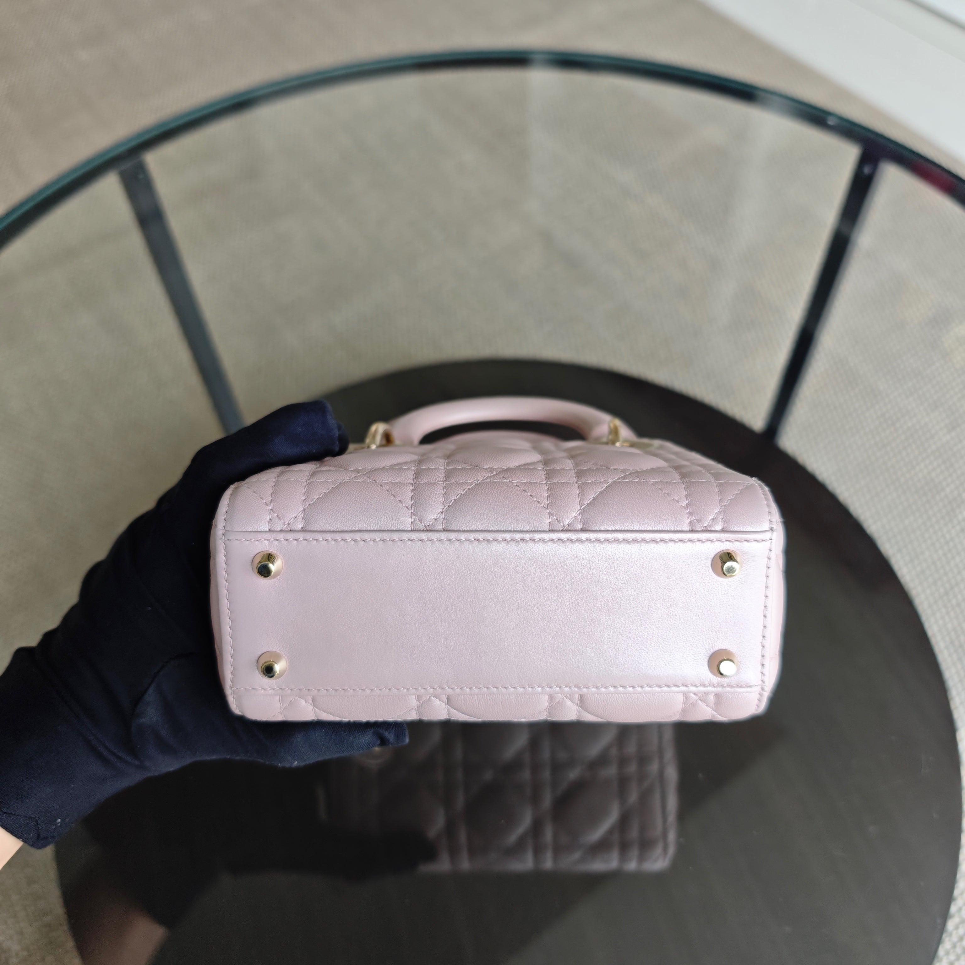 Dior Lady Mini - Cannage Lambskin Light Pink Gold Hardware Chain Strap