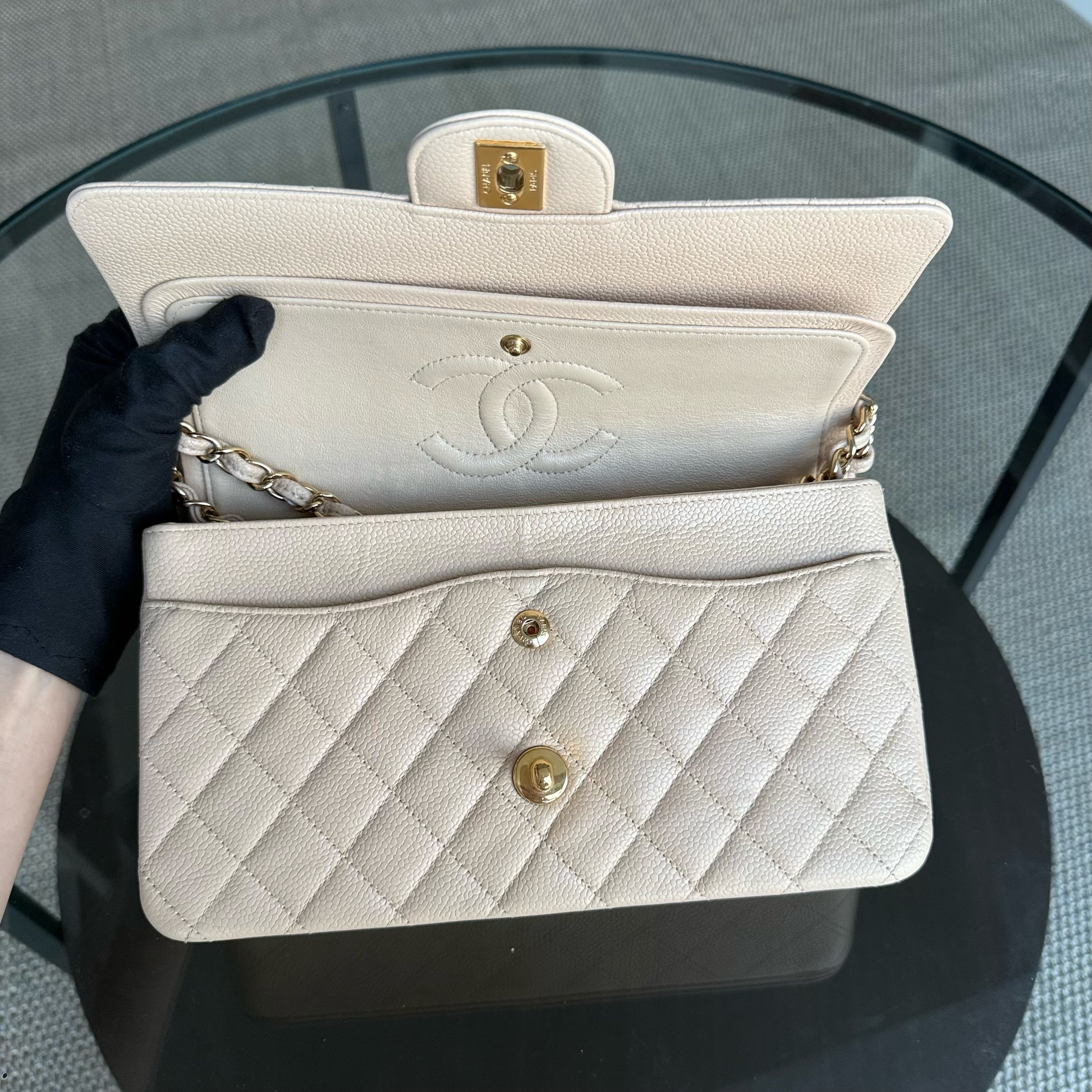 Chanel Classic Flap Medium - Caviar 25CM Quilted Grained Calfskin Beige Gold Hardware Series 14