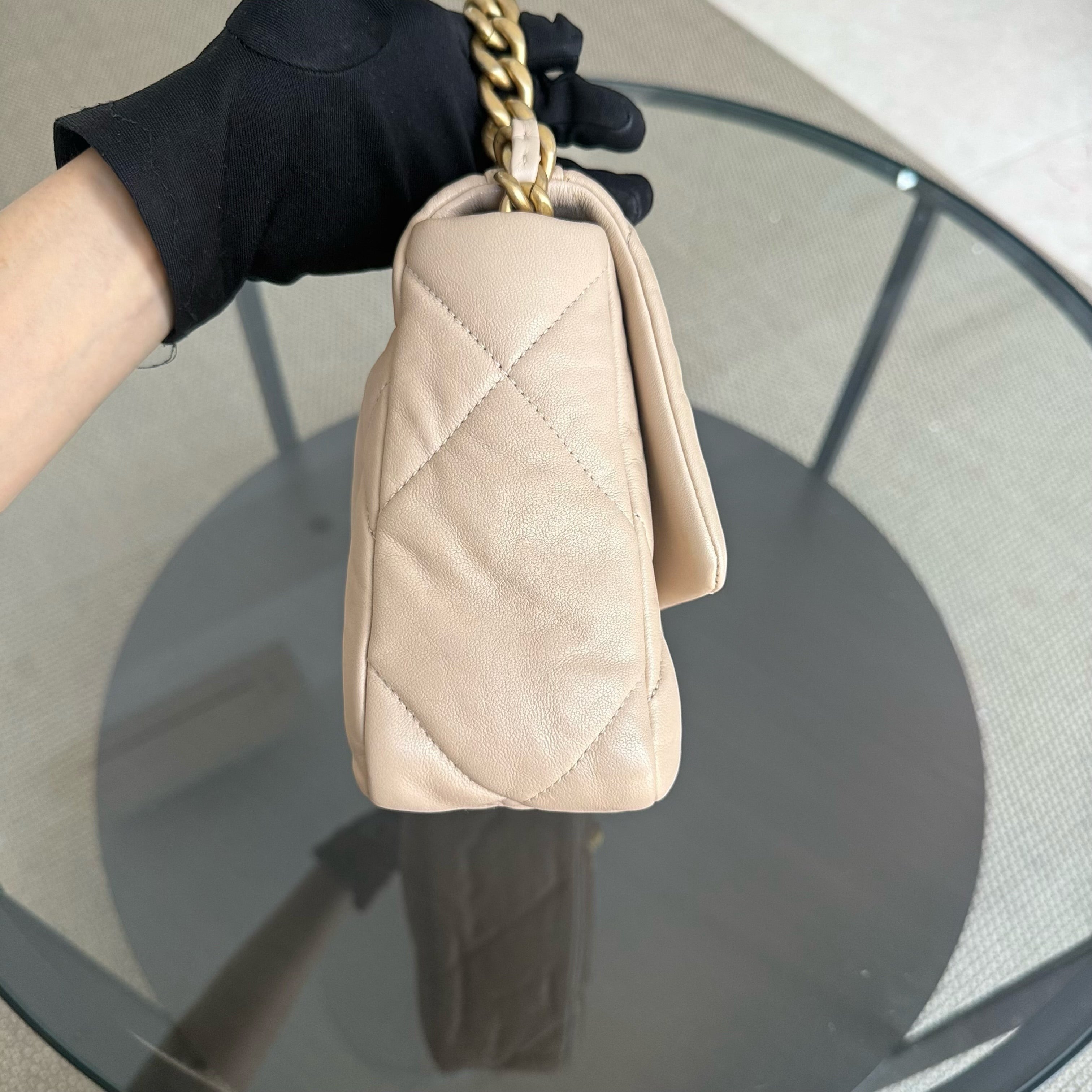 Chanel Small 19 Bag C19 Quilted Beige Two Tone Golden Hardware Series 30