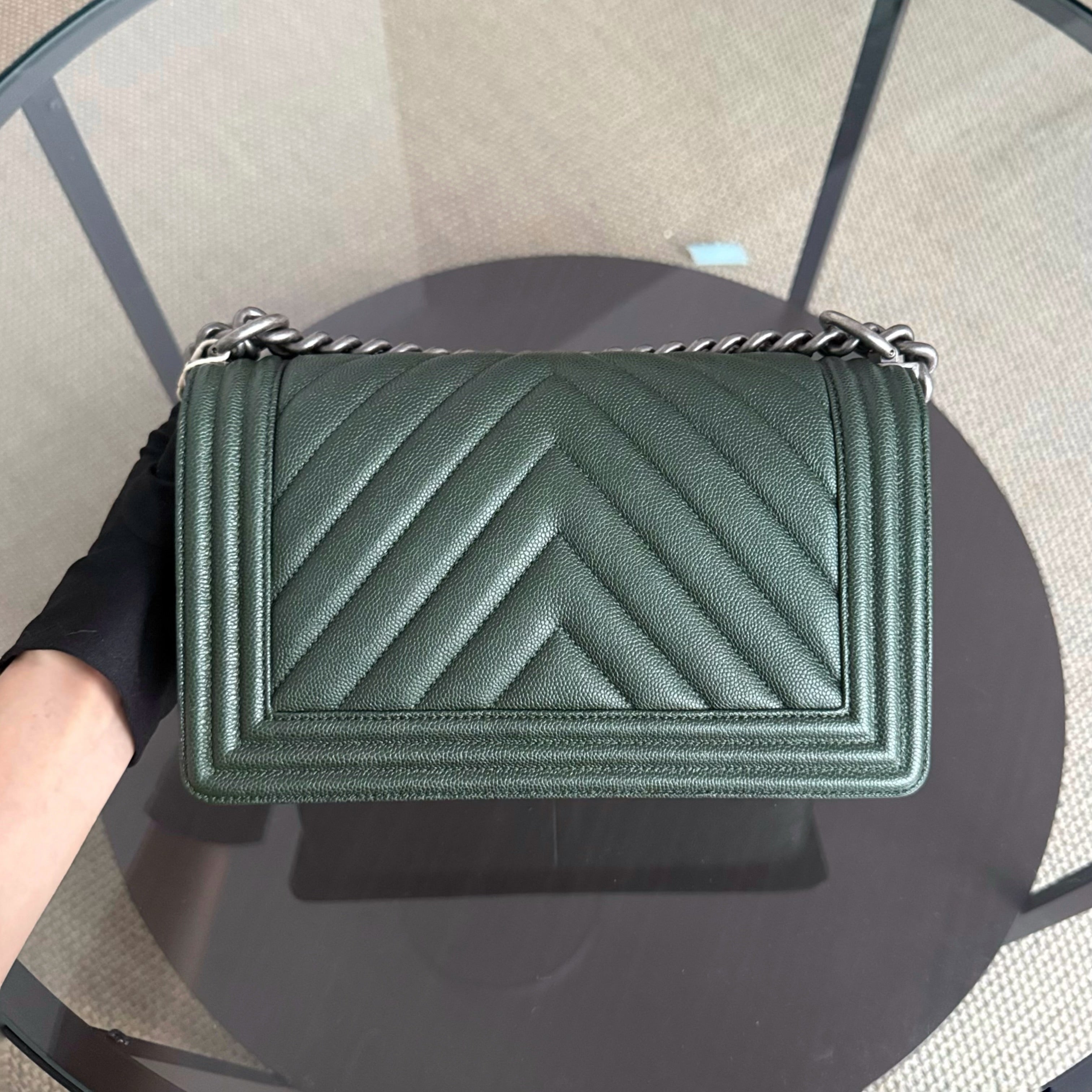 Chanel Boy Medium - Caviar 25CM Chevron Dark Green Ruthenium Silver Hardware Series 26