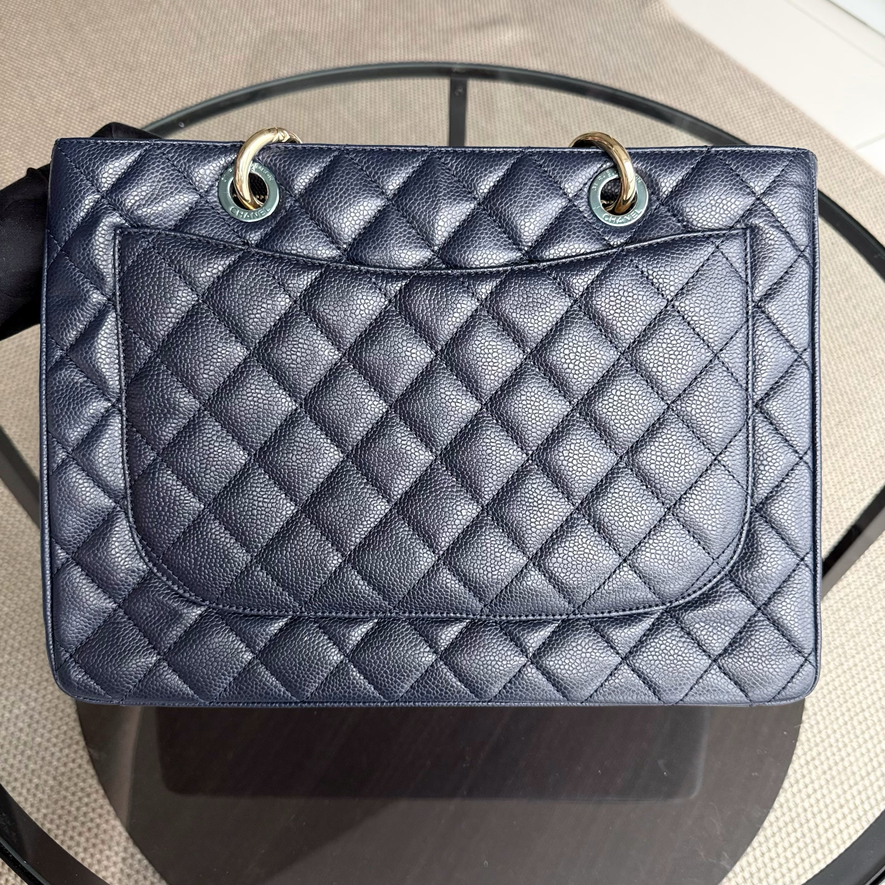 Chanel GST Grand Shopping Tote - Caviar Quilted Grained Calfskin Dark Navy Blue Gold Hardware Series 19