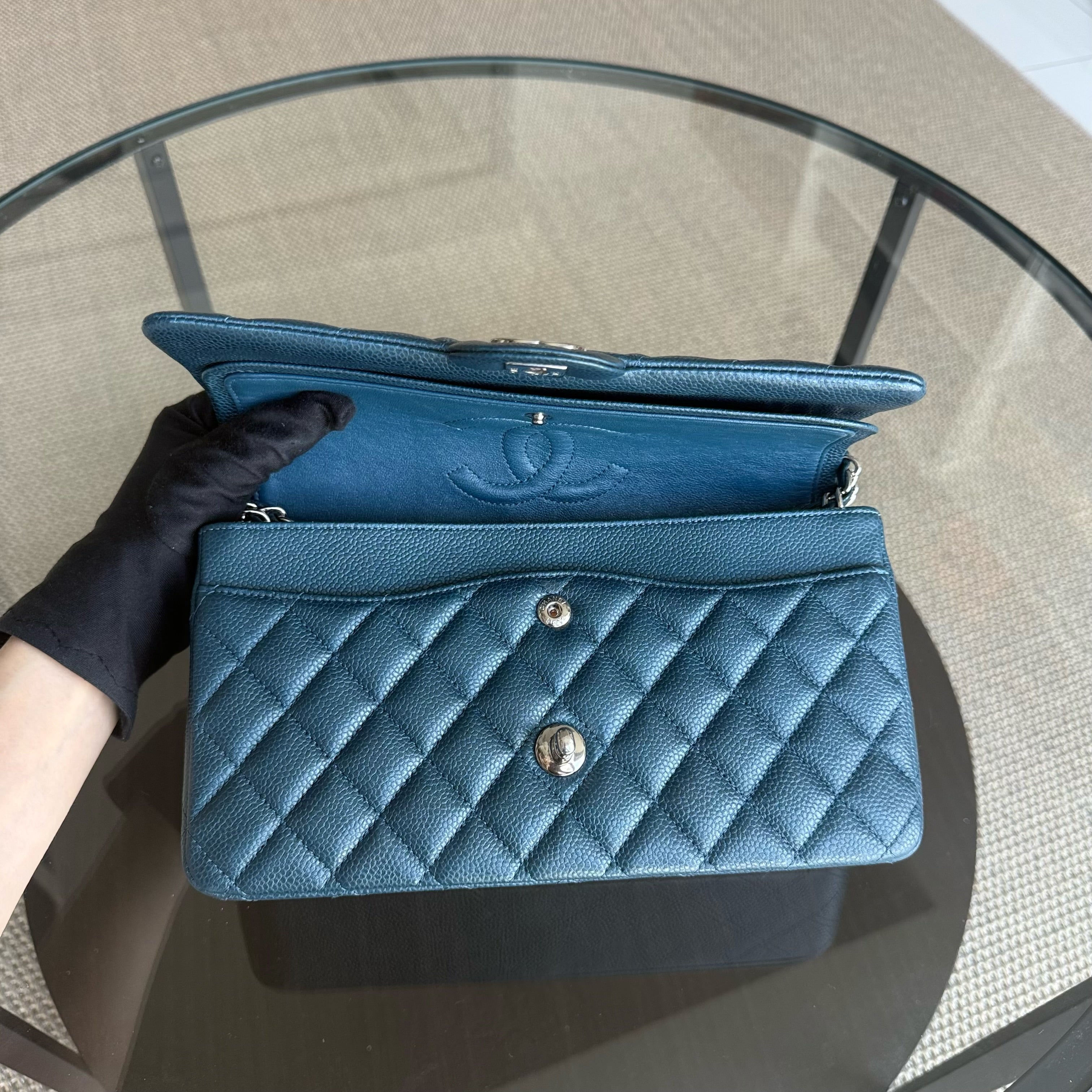 Chanel Classic Flap Medium - Caviar 25CM Quilted Grained Calfskin Blue Green Gold Hardware Series 20
