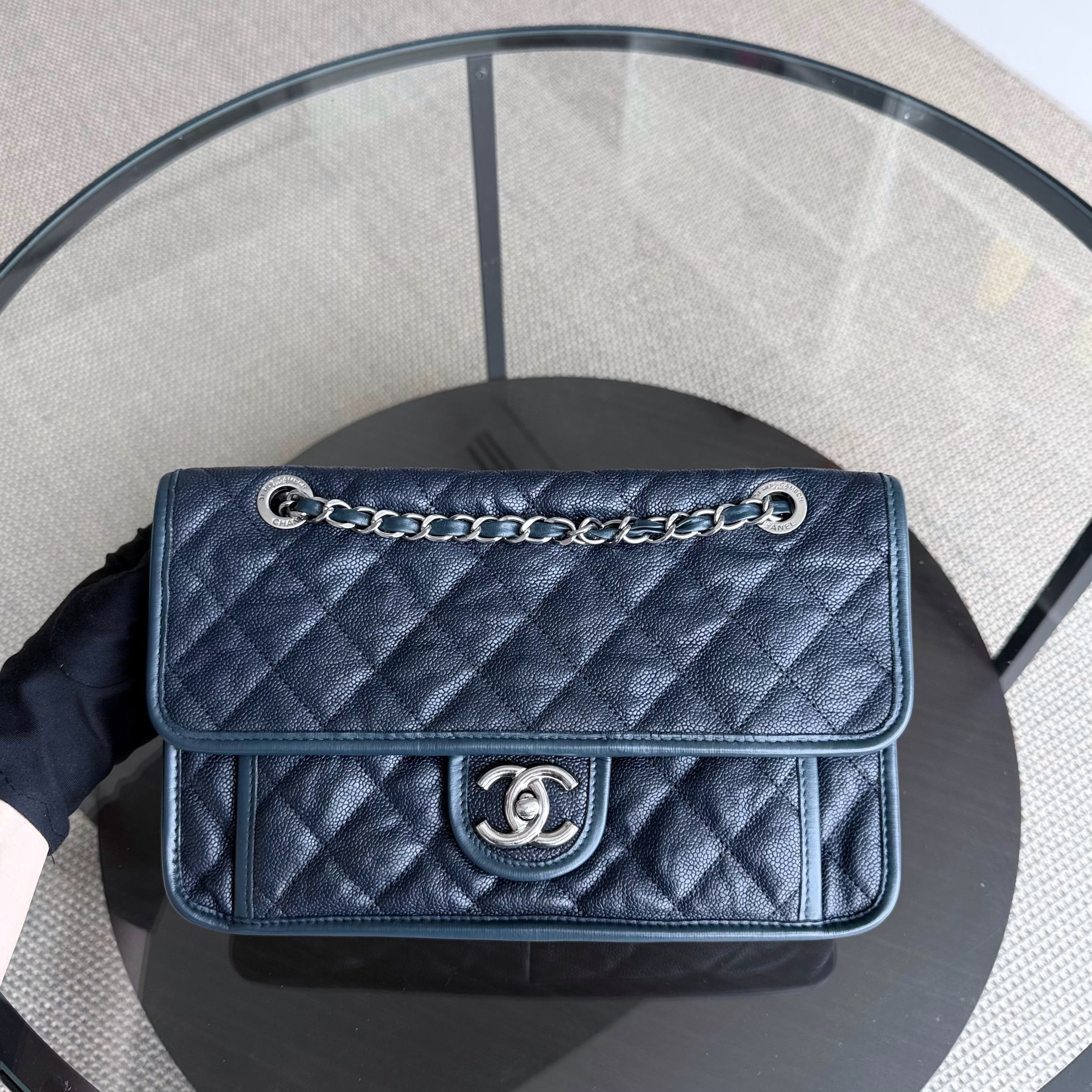 Chanel French Riviera - Caviar Quilted Grained Calfskin Dark Navy Blue Silver Hardware Series 15