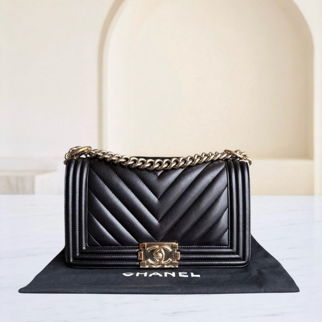 Chanel Boy Medium - 25CM Chevron Calfskin Black Aged Gold Hardware Series 23